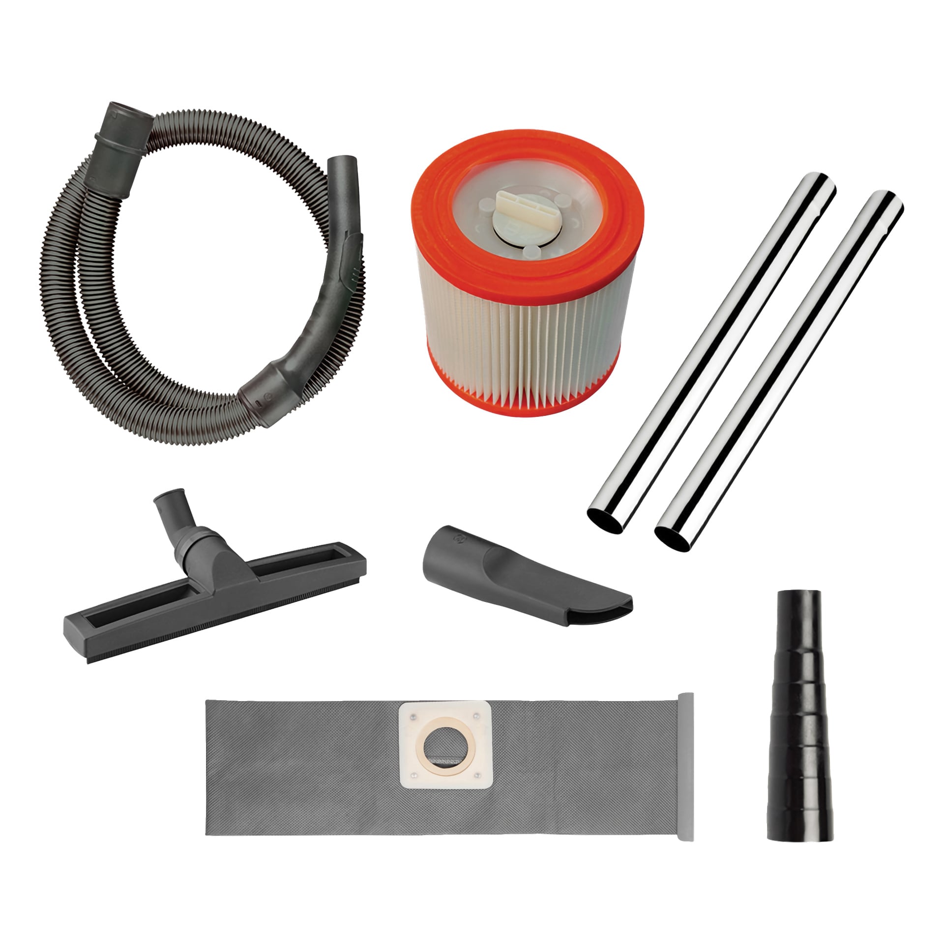 Stanley Fatmax Heavy-duty vacuum SXFVC30XTD-E som visas med slang, filter, 2 metallstavar, golv- och springmunstycken, adapter och dammpåse.