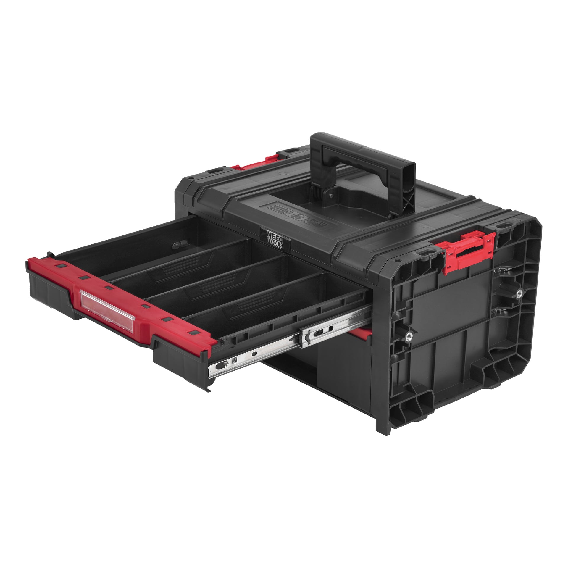 Black Meec Tools -työkalupakki, jossa on yläkahva, punaiset salvat, vahvistetut kulmat ja etulaatikko, jossa on kolme lokeroa.