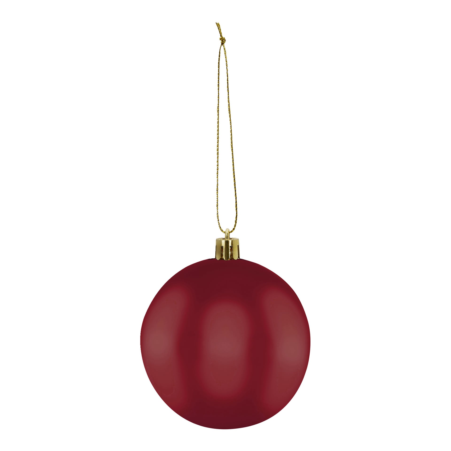 En slät, matt röd prydnad från EKVIP Christmas tree balls 20-pack hänger i en gyllene tråd.