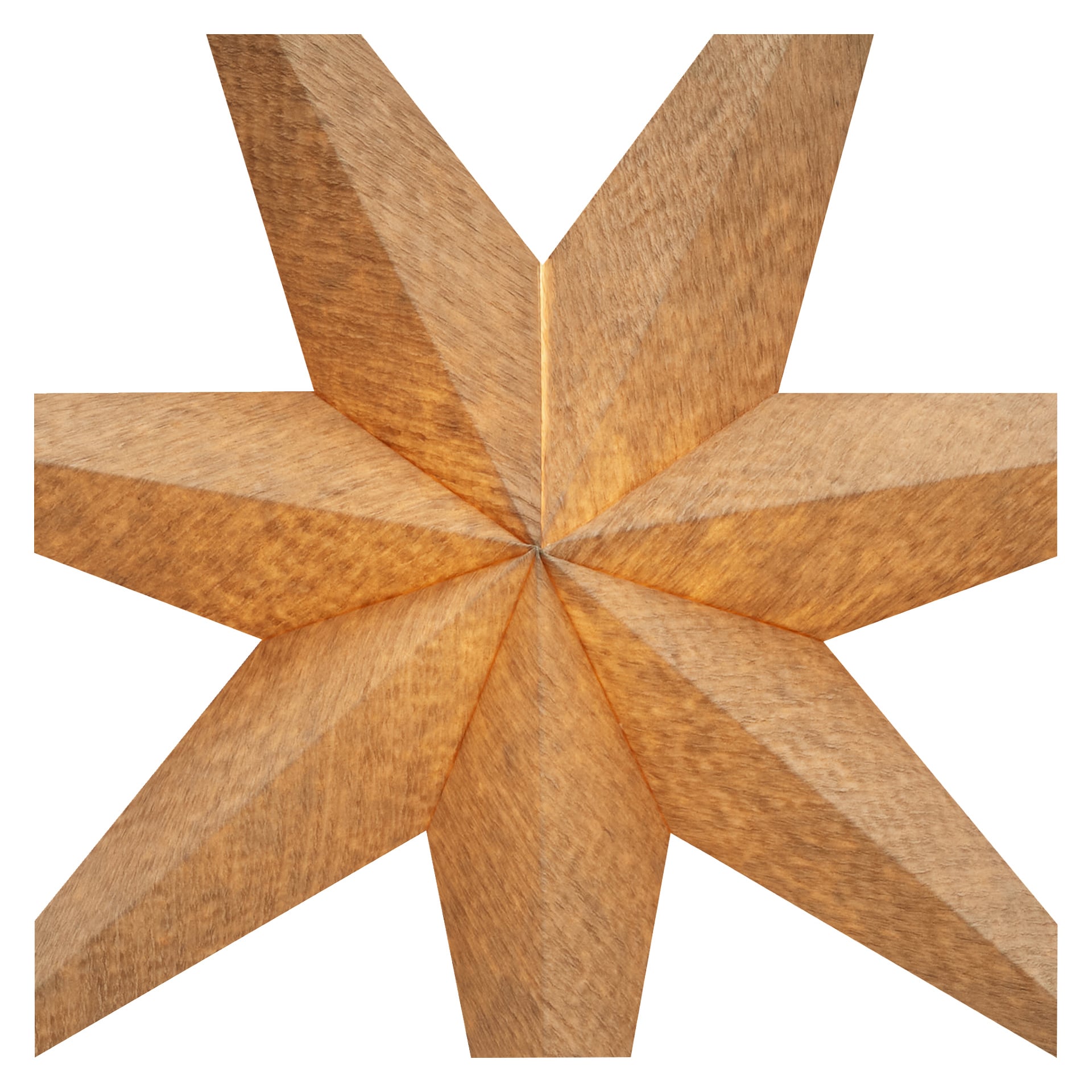 Eine Nahaufnahme des EKVIP Beige Adventsterns zeigt sein symmetrisches, achtzackiges Design aus strukturiertem braunem Papier mit dreidimensionalen Falten und Schattierungen.