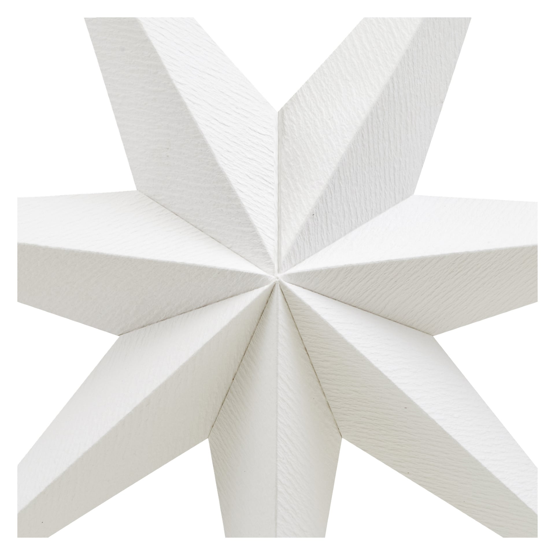 EKVIP White Advent Star," lähikuva teksturoidusta, kolmiulotteisesta kahdeksansakaraisesta tähdestä, jolla on terävät reunat.