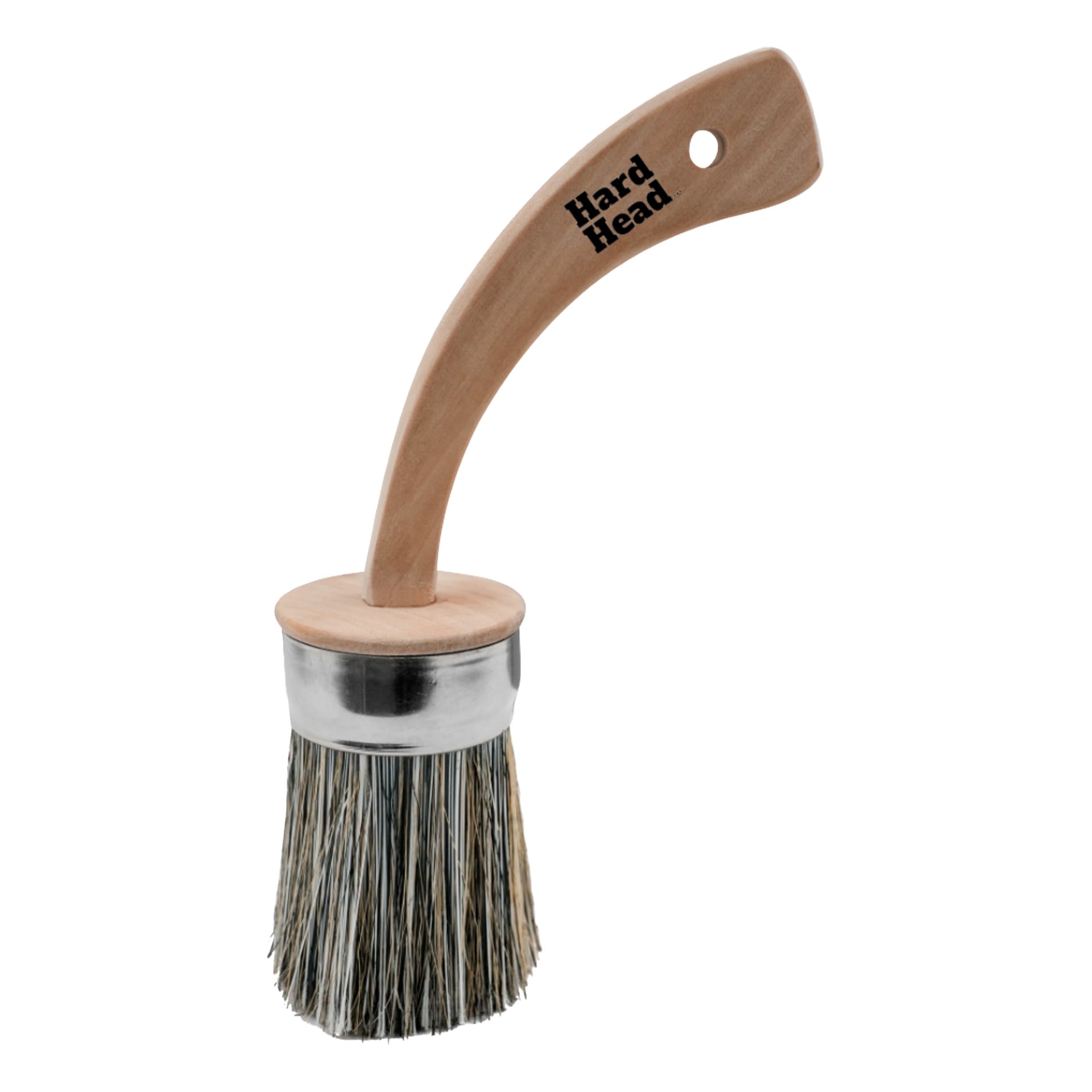 En Hard Head Round Paint Brush med grå syntetiska borst, ett runt trähandtag och ett hål i änden för att hänga upp.