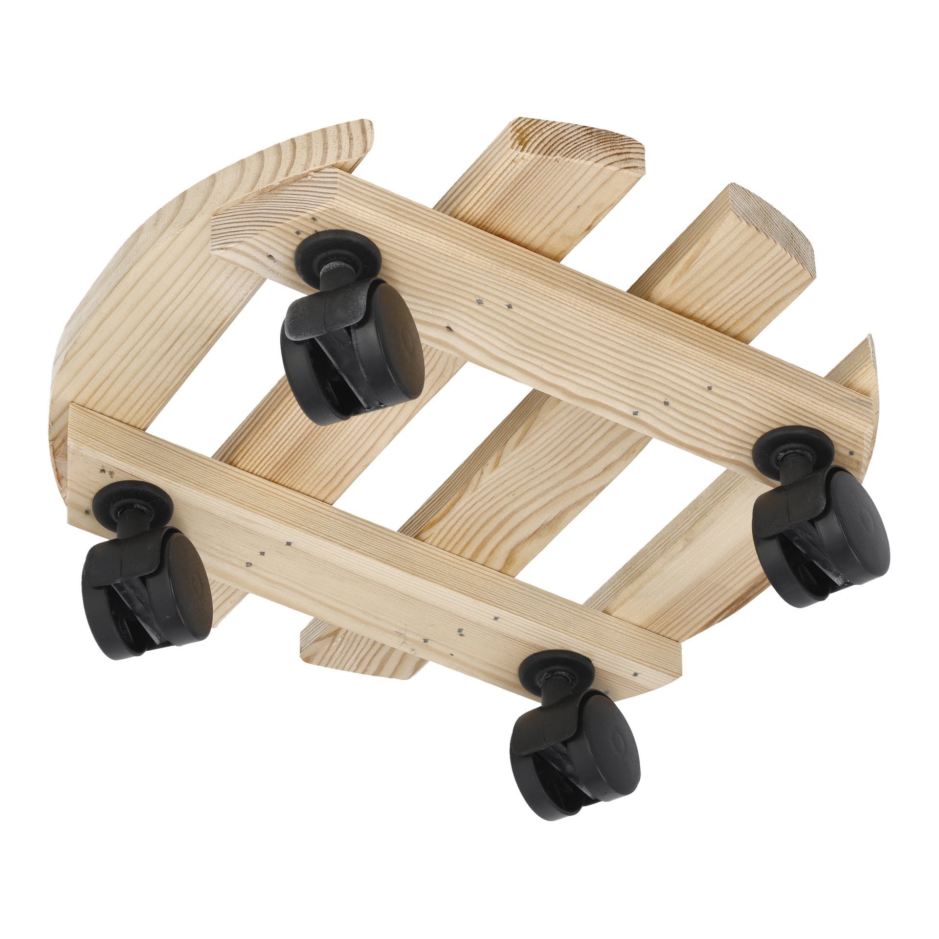 Hard Head Trolley för blomkrukor med en ljus naturlig trälook, fyra parallella ribbor och fem svarta svängbara hjul för enkel rullning.