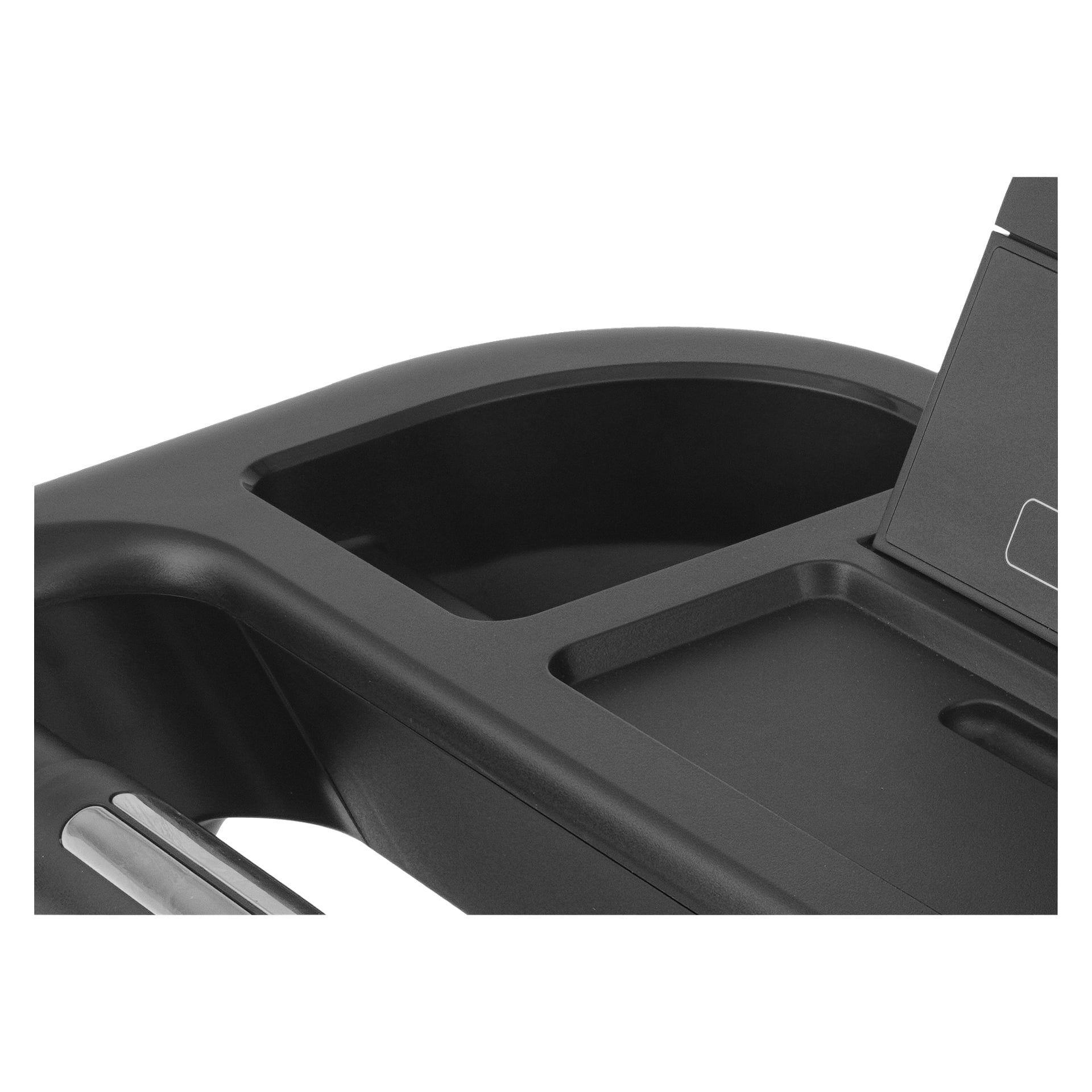 Detaljerad närbild av Kayoba Treadmill med lutning, som visar dess eleganta svarta finish och ett framträdande handtag till vänster.