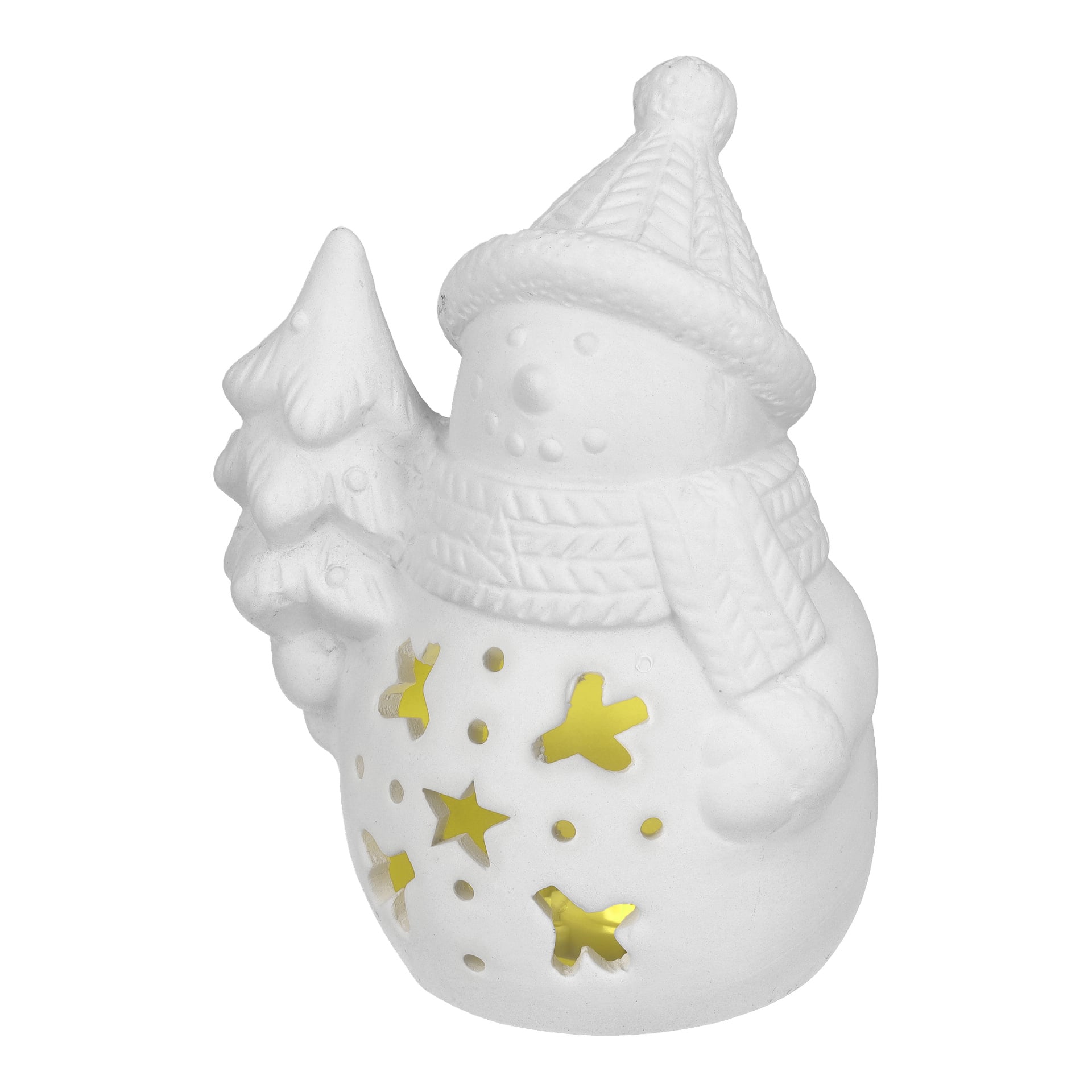 "EKVIP snögubbe med LED-belysning" har en vit keramisk snögubbefigur, detaljerad med hatt och halsduk samt en matt, texturerad yta. Stjärnformade utskärningar låter ett varmt gult ljus lysa igenom inifrån.