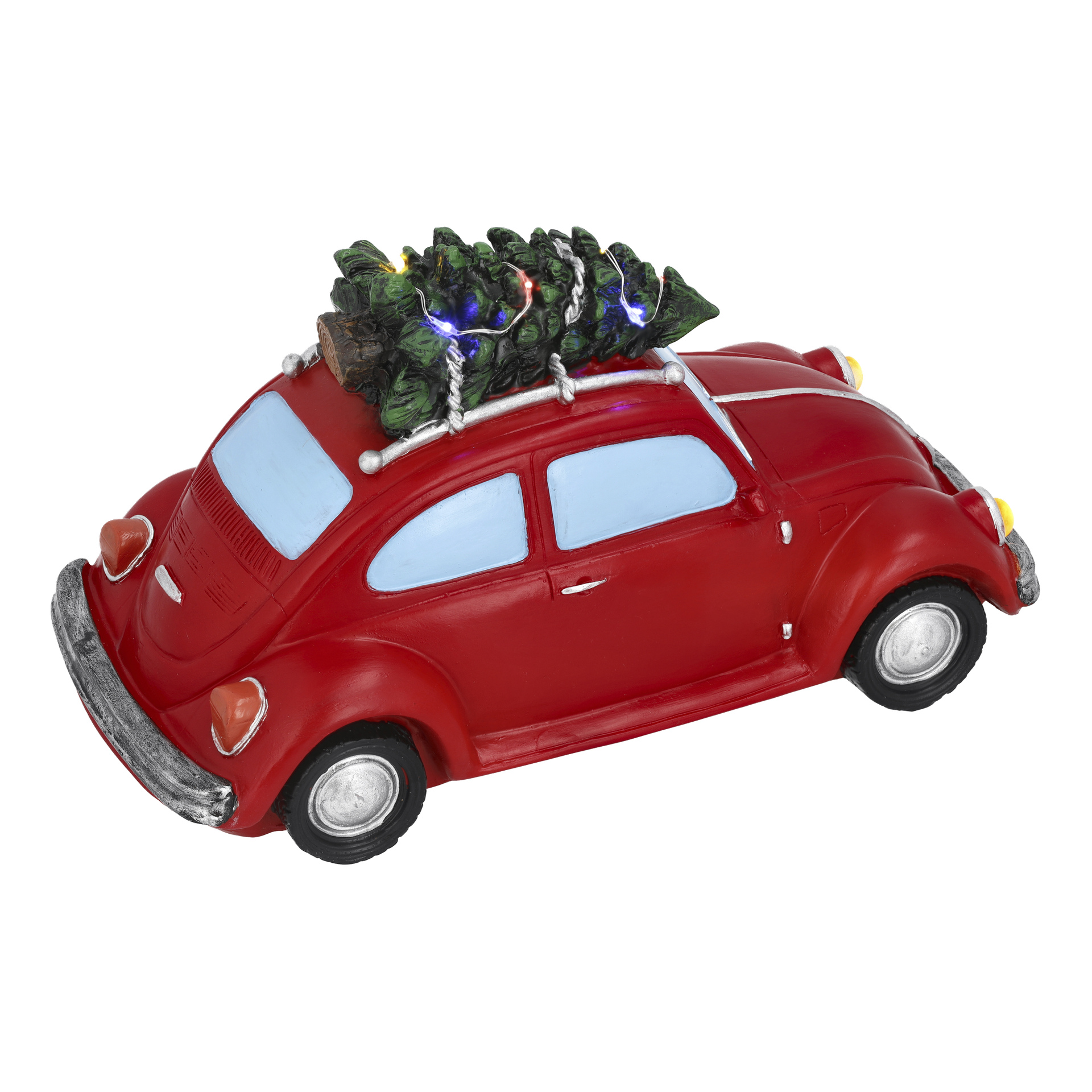 En röd EKVIP Santa leksaksbil med LED-lampor, blå rutor, silverfärgade stötfångare och en festlig gran med små lampor och prydnader på toppen.