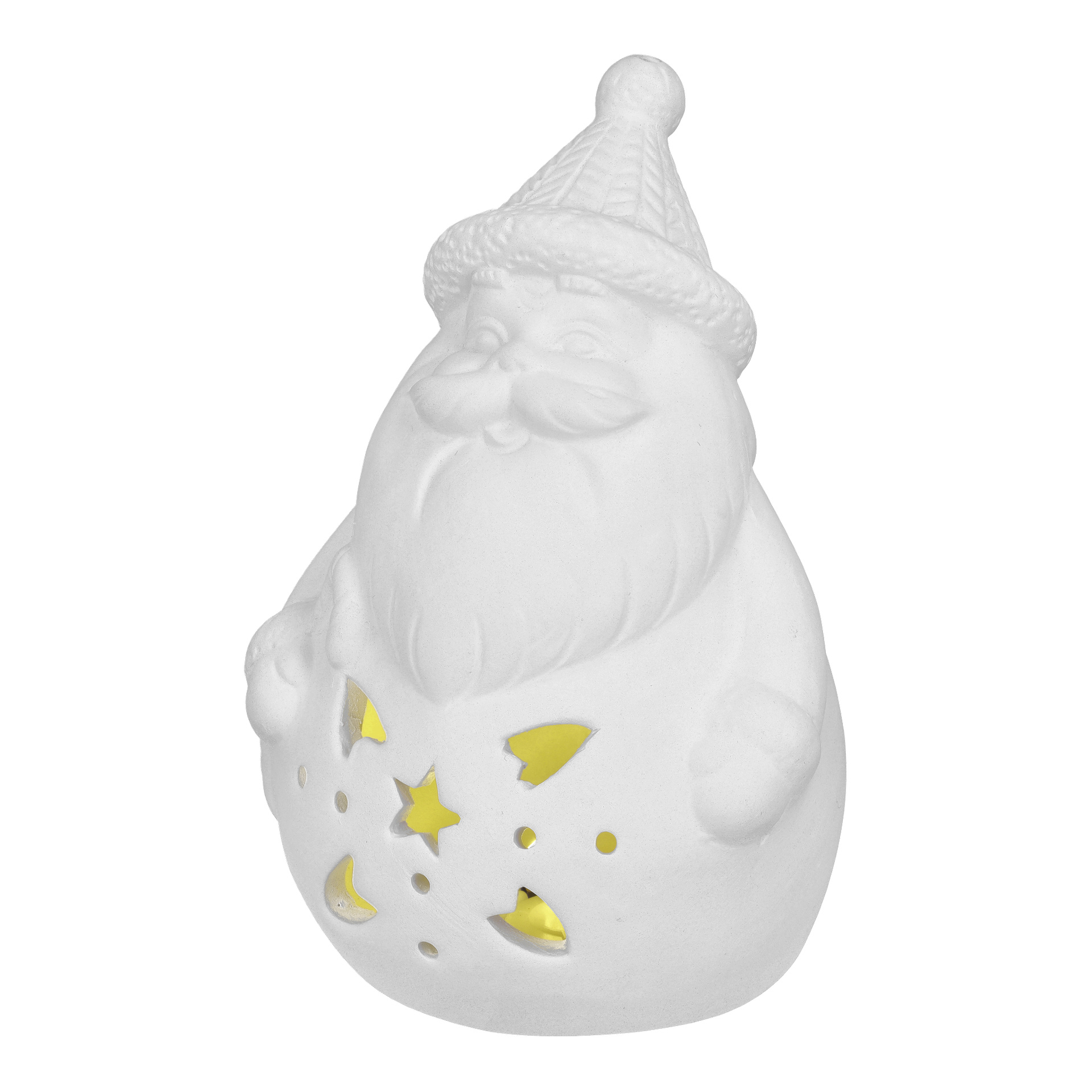 EKVIP Santa med LED-belysning är en vit keramikfigur med skägg och hatt, dekorerad med utskurna stjärnor och månar som lyser med gult ljus inifrån.
