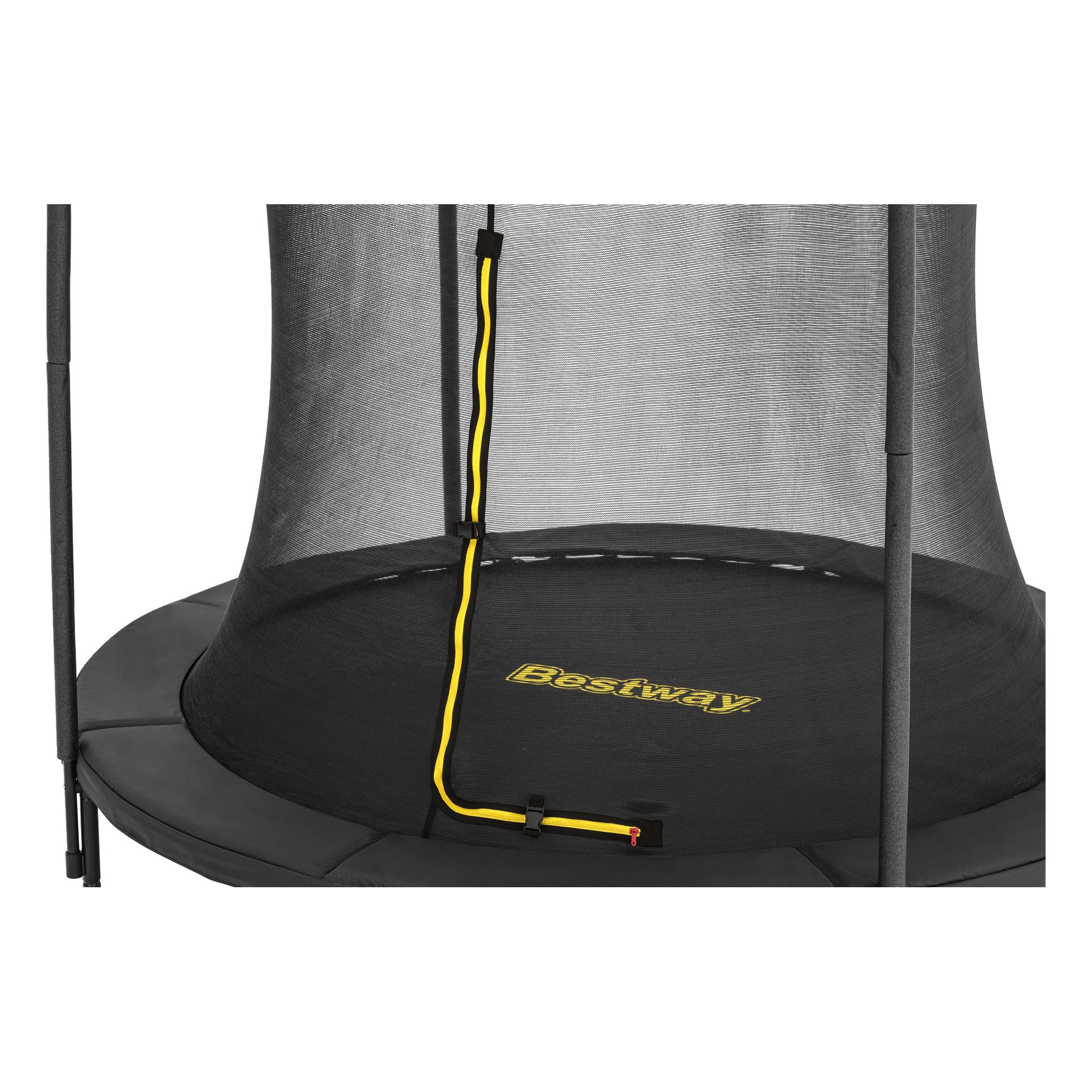 Lähikuva Bestway Xtreme Air Trampoline 59119:stä mustalla turvaverkkolla, keltaisilla reunuksilla varustetuilla vetoketjullisilla sisäänkäynneillä, pehmustetulla runko ja keltaisella logolla.