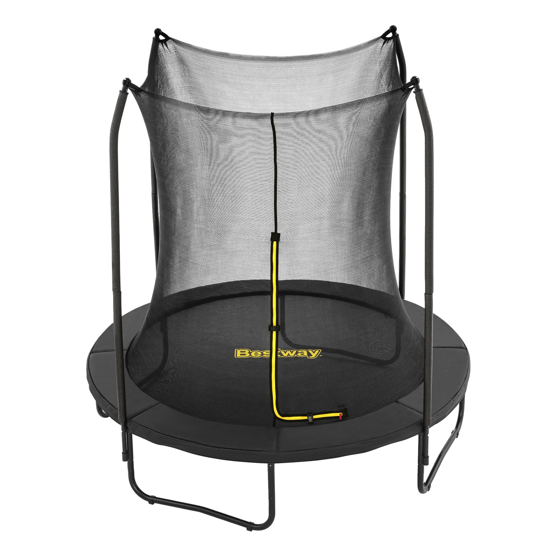 Pyöreä musta Bestway Xtreme Air Trampoline 59119, jossa on turvaverkko, keltainen vetoketjuaukko, kolme jalkaa ja Bestway-logo matolla.