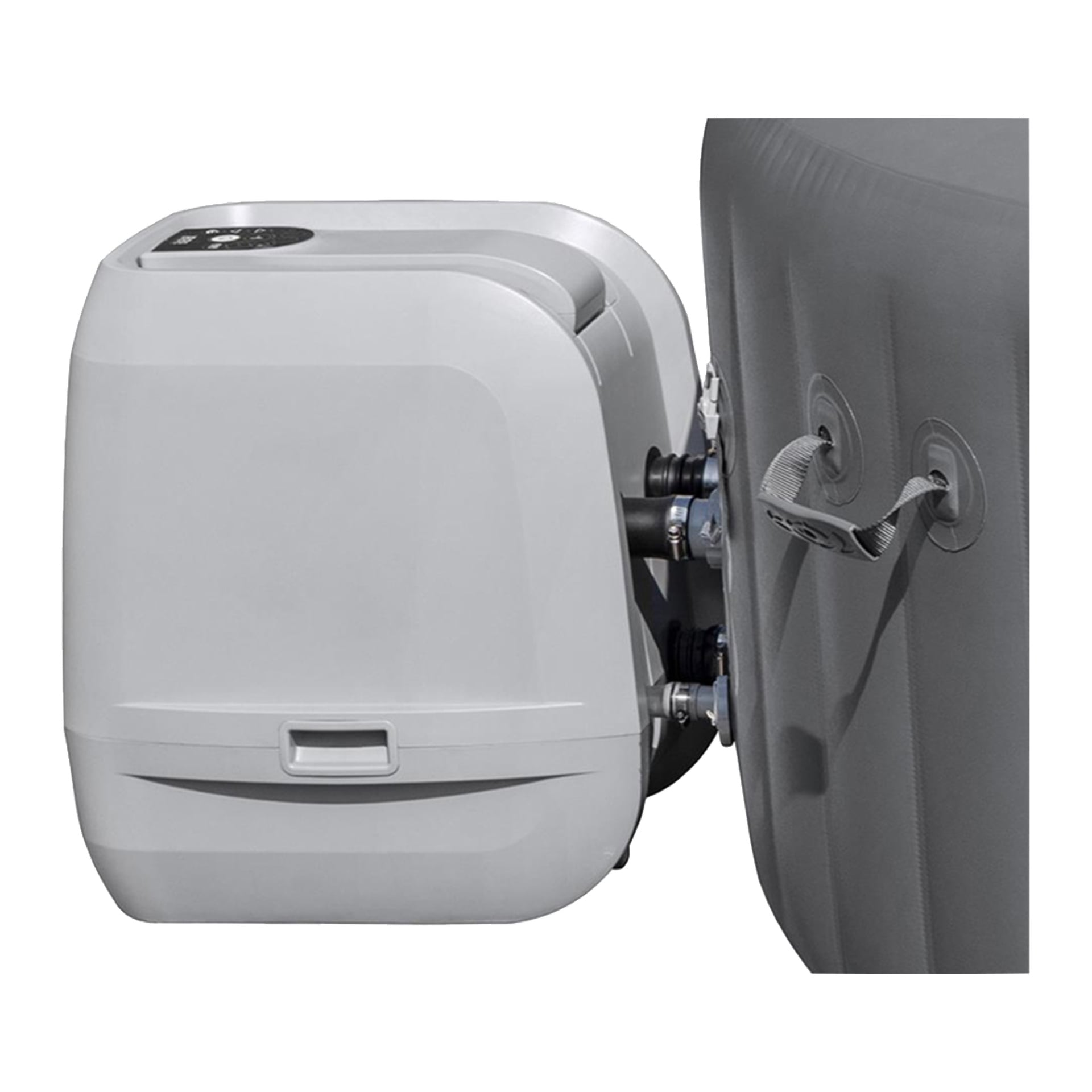 Nærbilde av den hvite LAY-Z-SPA Santorini Max Hold-pumpen og kontrollenheten fra Bestway, festet til et grått oppblåsbart boblebad med fleksible slanger og stropp.