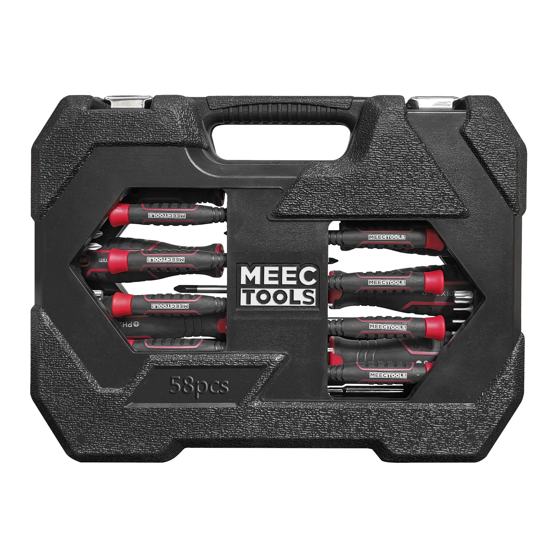 Ett svart plastfodral med handtag visar Meec Tools röda och svarta skruvmejslare och bits. "58 pcs" finns nere i vänstra hörnet.