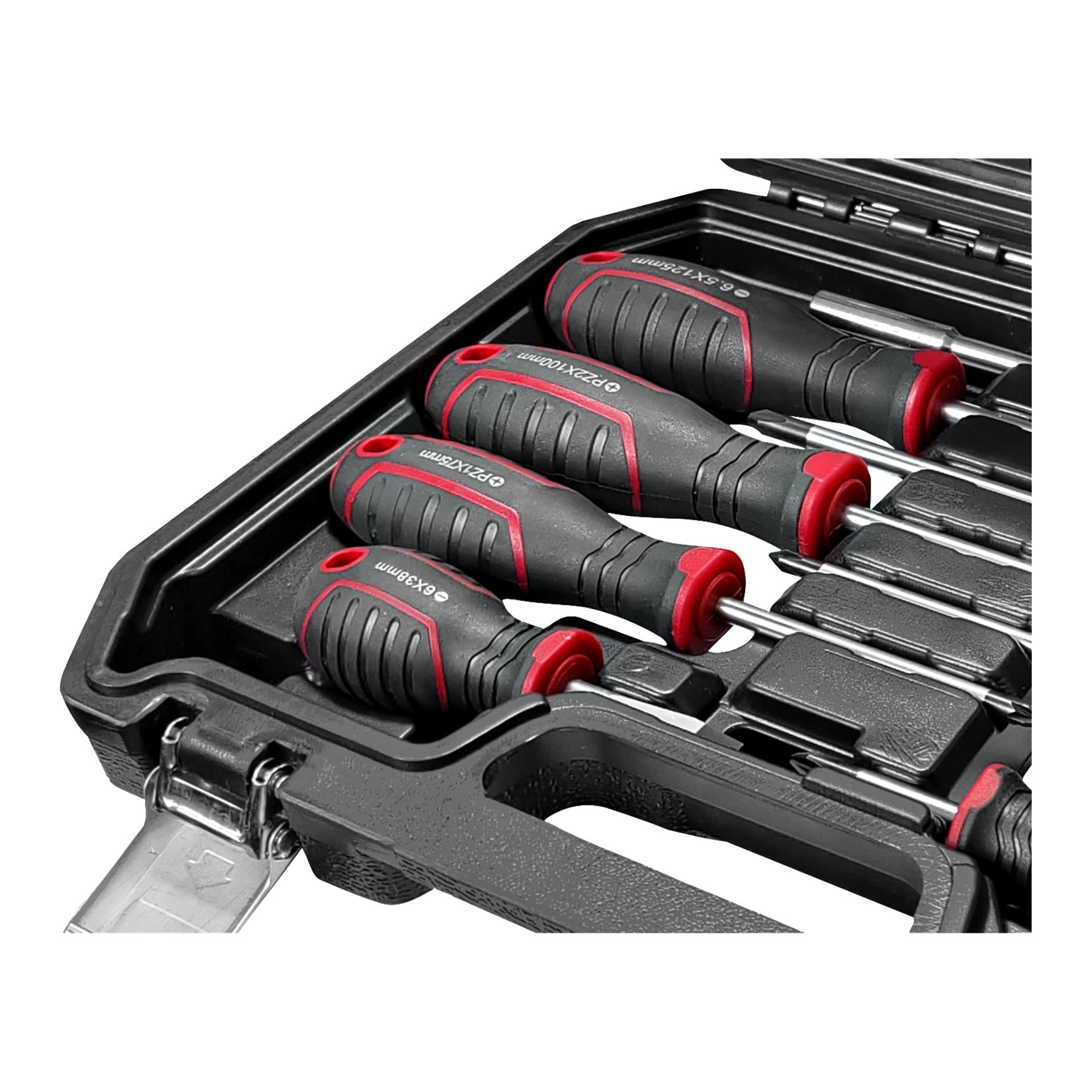 Meec Tools 58-delade set består av svarta och röda skruvmejslar organiserade i ett stadigt svart plastfodral.