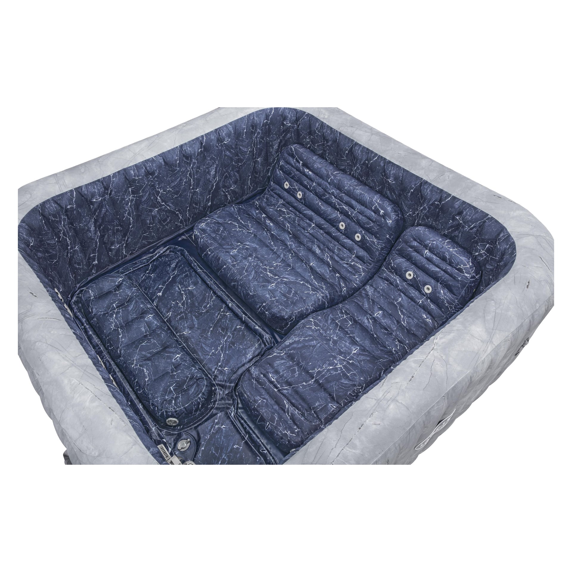 Bestway Spa Bath San Francisco Max Hold on suorakaiteen muotoinen, siniset marmoroidut istuimet, harmaat reunat, niskatuet ja ohjaimet.