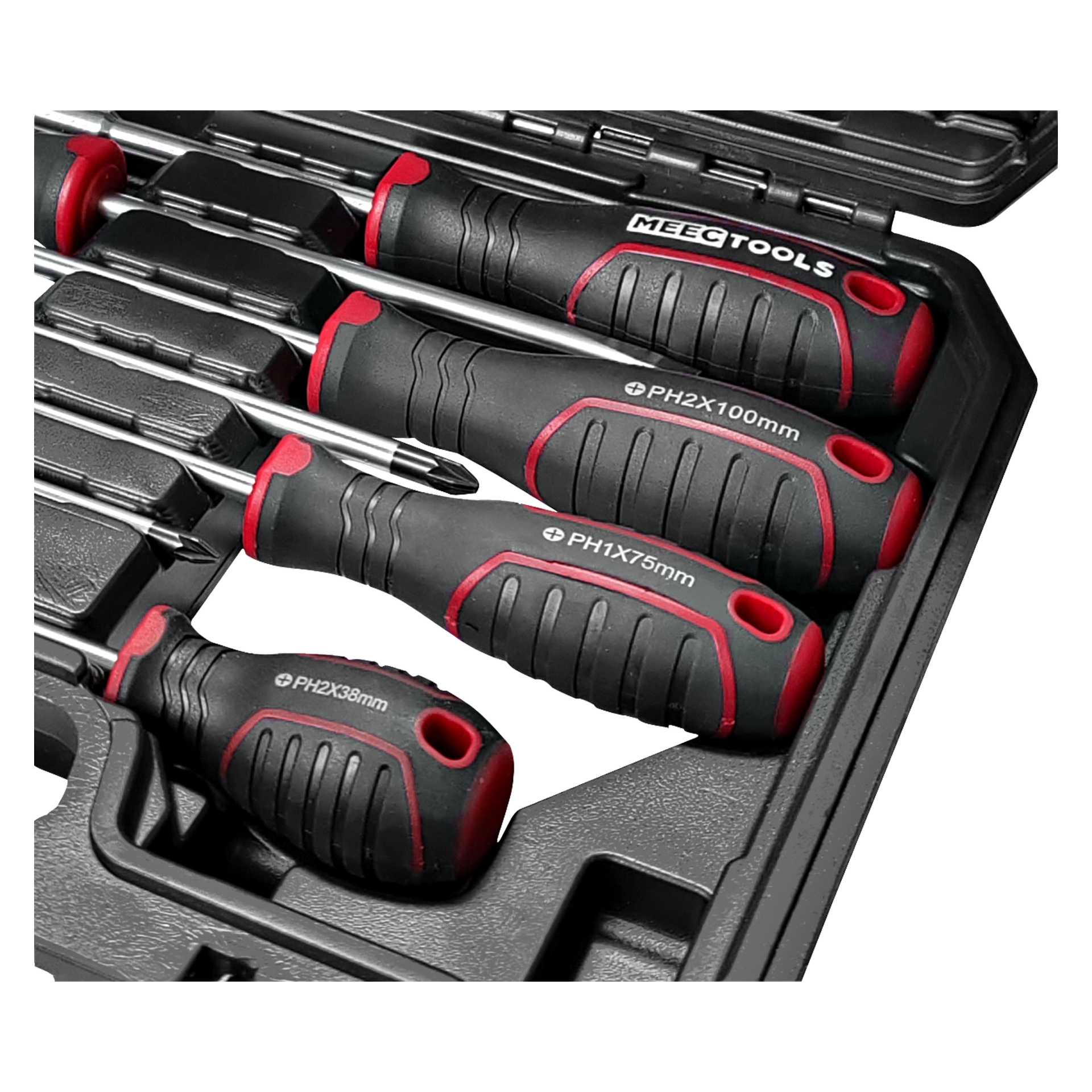 Svart fodral med fyra Meec Tools-skruvmejslar, svarta och röda handtag, märkta PH2x100mm, PH1x75mm och PH2x38mm.
