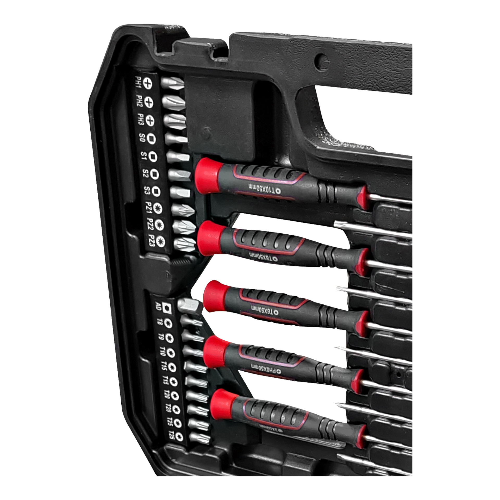 Meec Tools 58-delade set innehåller svarta och röda skruvmejslare samt olika delar, prydligt arrangerade i ett svart plastfodral.