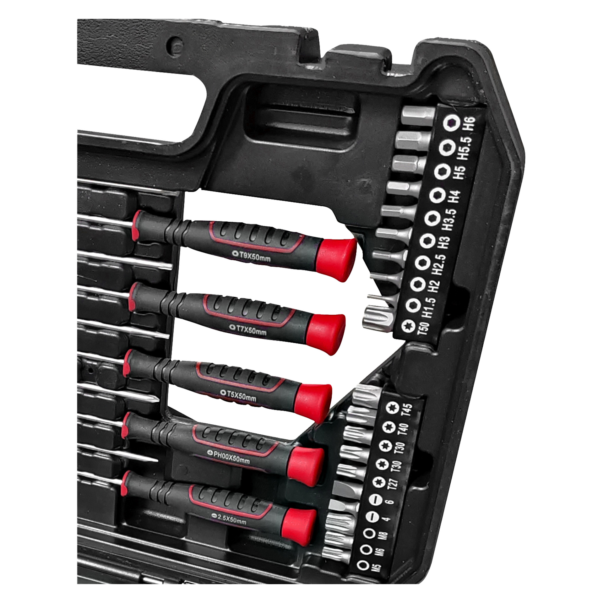Meec Tools 58-delat set med skruvmejslare med röda och svarta handtag och märkta bitar, prydligt arrangerade i ett svart plastfodral.