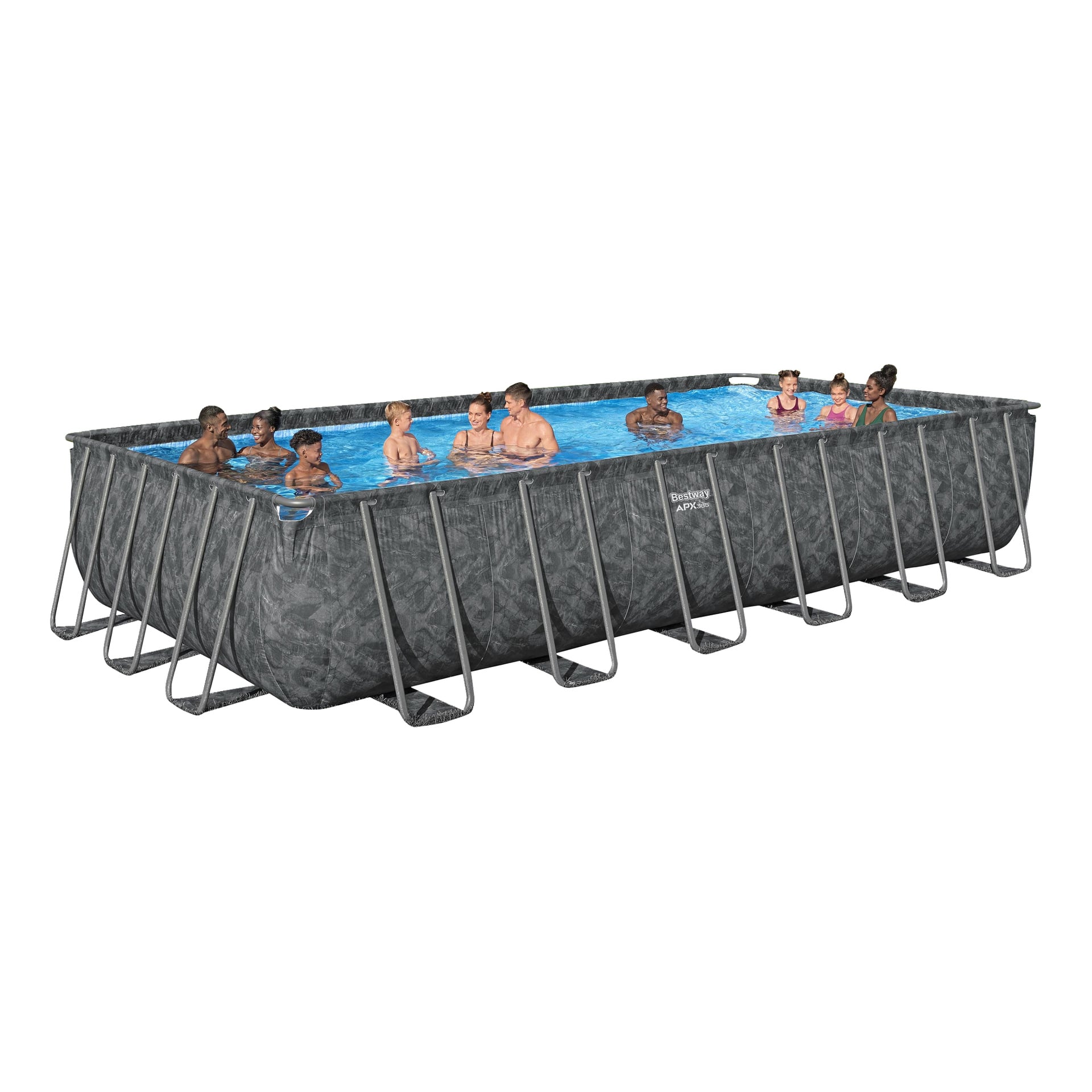 Vuxna och barn har roligt i en stor rektangulär Bestway stålramspool med mönstrade sidor, metallstöd och blått vatten.