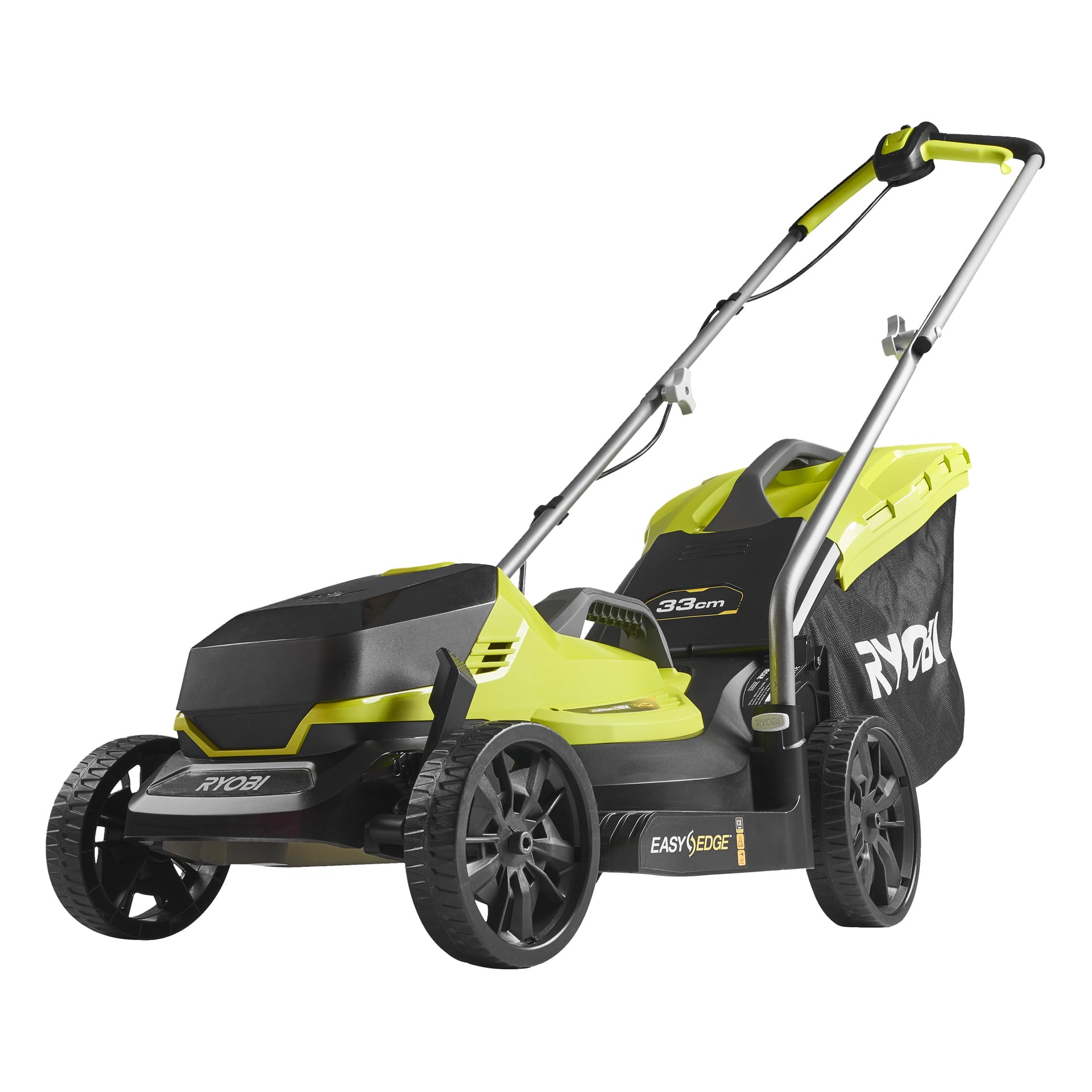 En grønn og svart Ryobi One+ batteridrevet gressklipper "OLM1833B-0" med skyvehåndtak og bakre gressoppsamlingspose.