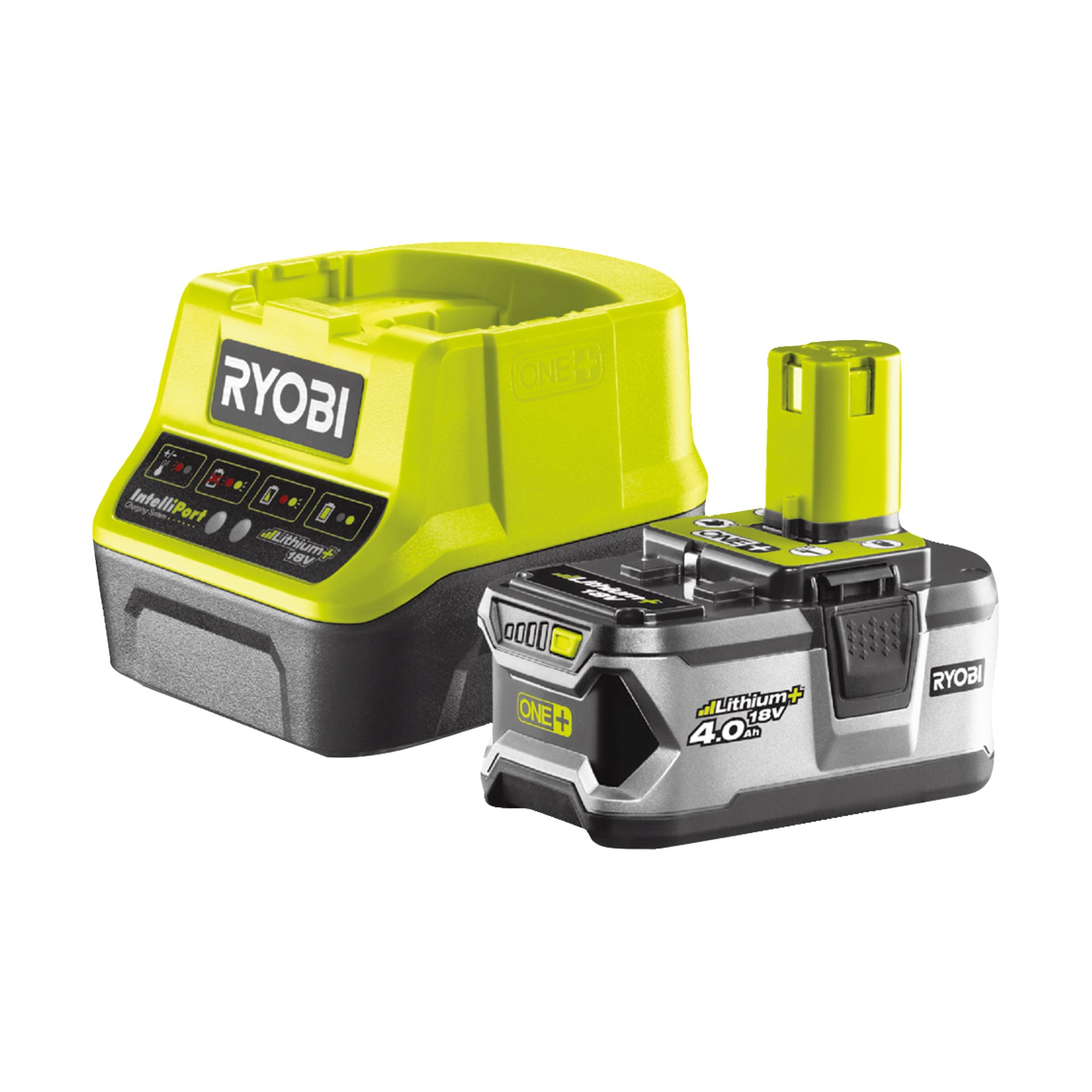 Musta ja kirkkaanvihreä Ryobi One+ RY18LM37A-140 ruohonleikkuri sijaitsee 4,0Ah 18V litiumioniakun ja laturin vieressä.