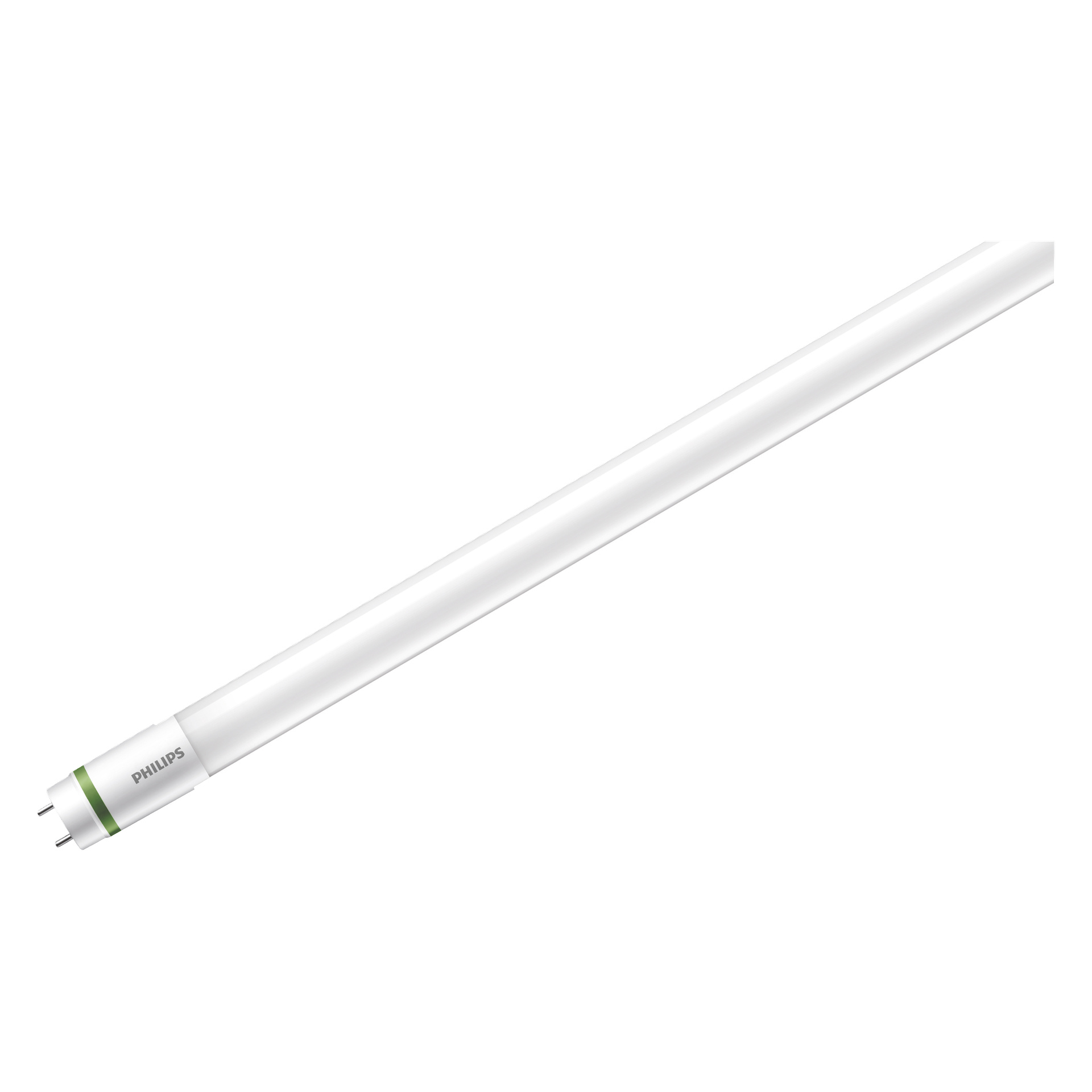 Et Philips Tube T8 LED UltraEfficient lys med metallpinner i begge ender. Philips-logoen er synlig nær den ene enden av røret.
