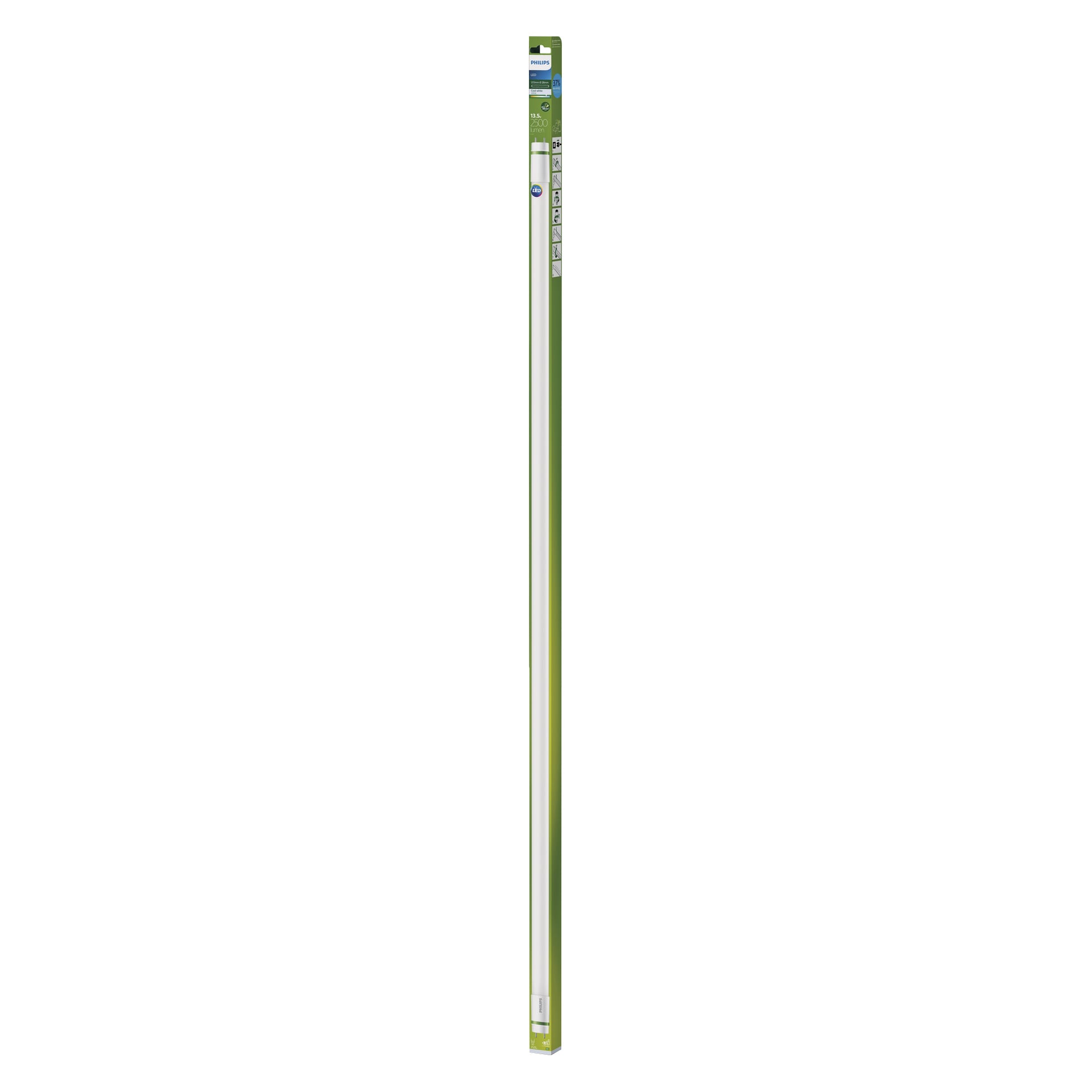 Philips Tube T8 LED UltraEfficient lys i pakken, satt mot en grønn og gul bakgrunn, med spesifikasjoner og merkevare synlige.