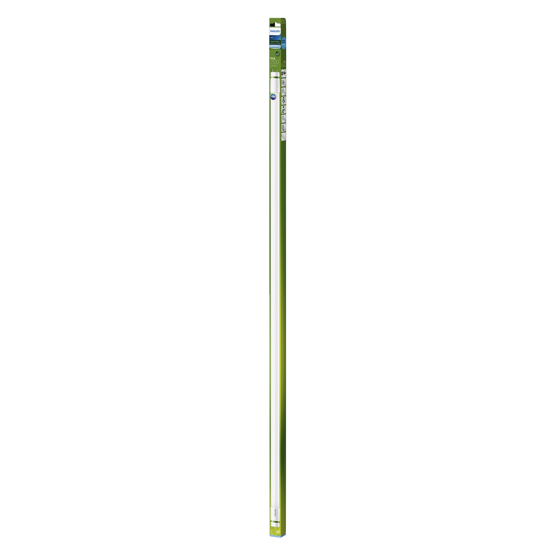 Et Philips Tube T8 LED UltraEfficient lys i en grønn og hvit eske med produktdetaljer og merkevare på emballasjen.