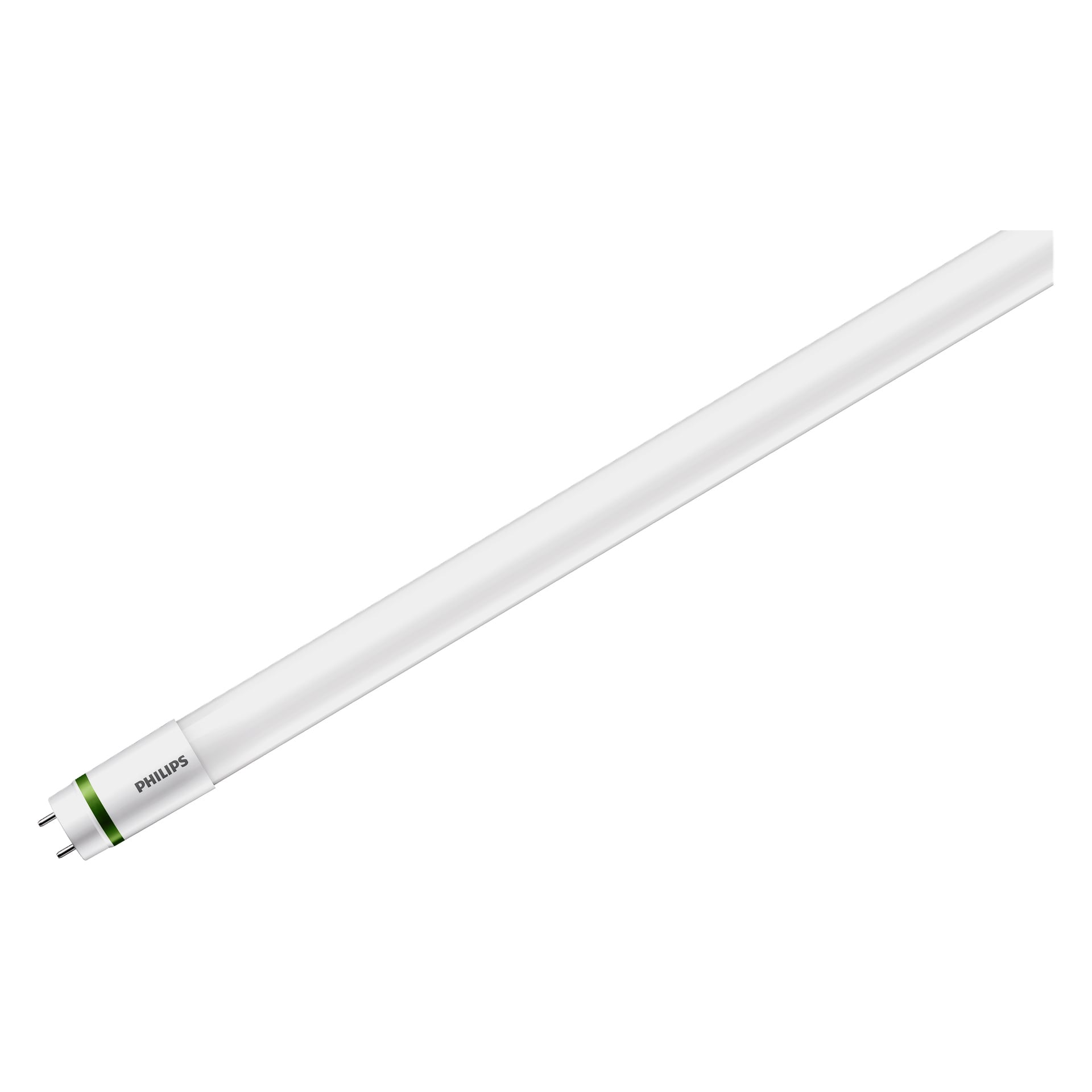 En hvit Philips Tube T8 LED UltraEfficient med metallpinner i begge ender.