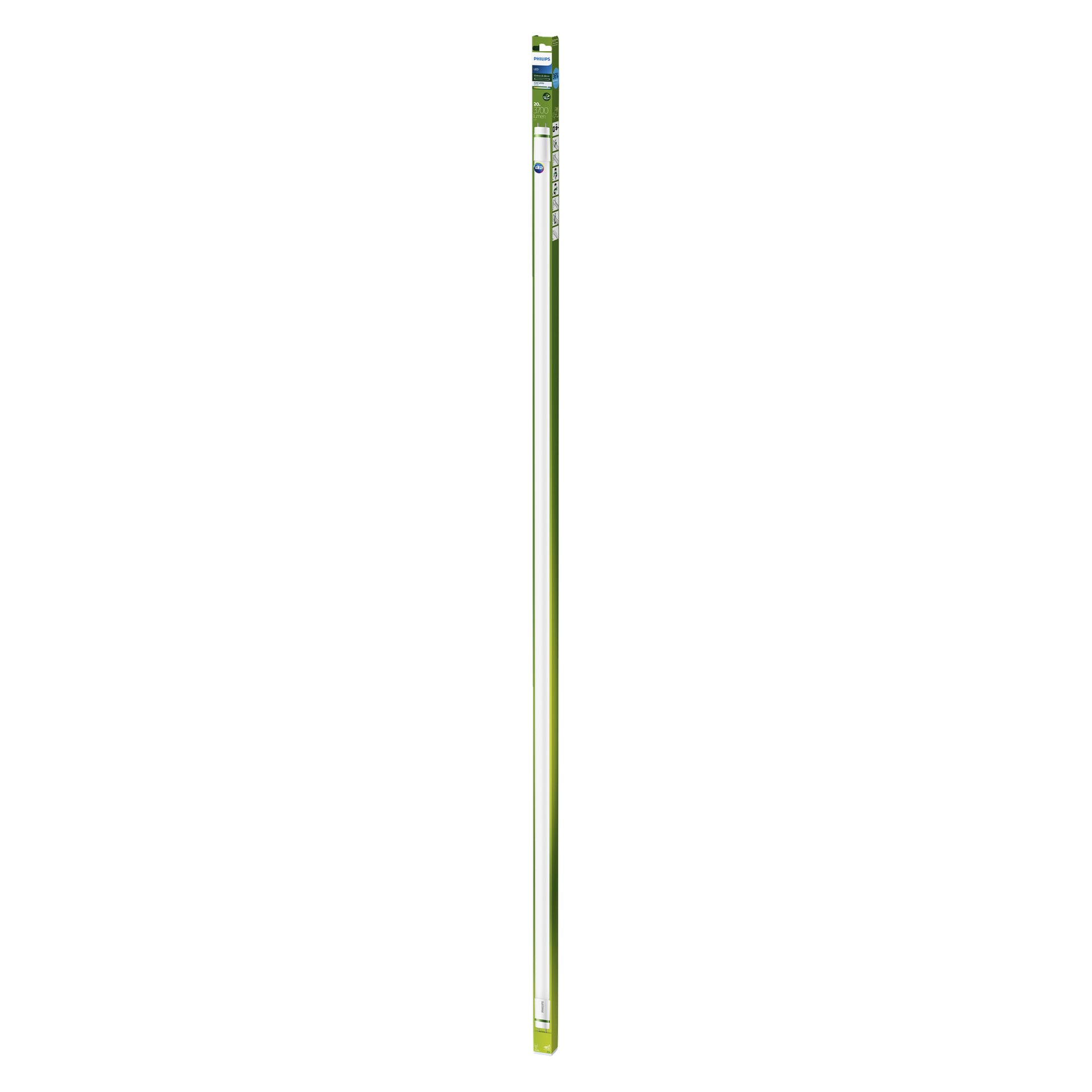 Pionowo ustawiona żarówka Philips Tube T8 LED w zielono-białym opakowaniu, z oznaczeniami i detalami widocznymi po dwóch widocznych stronach.