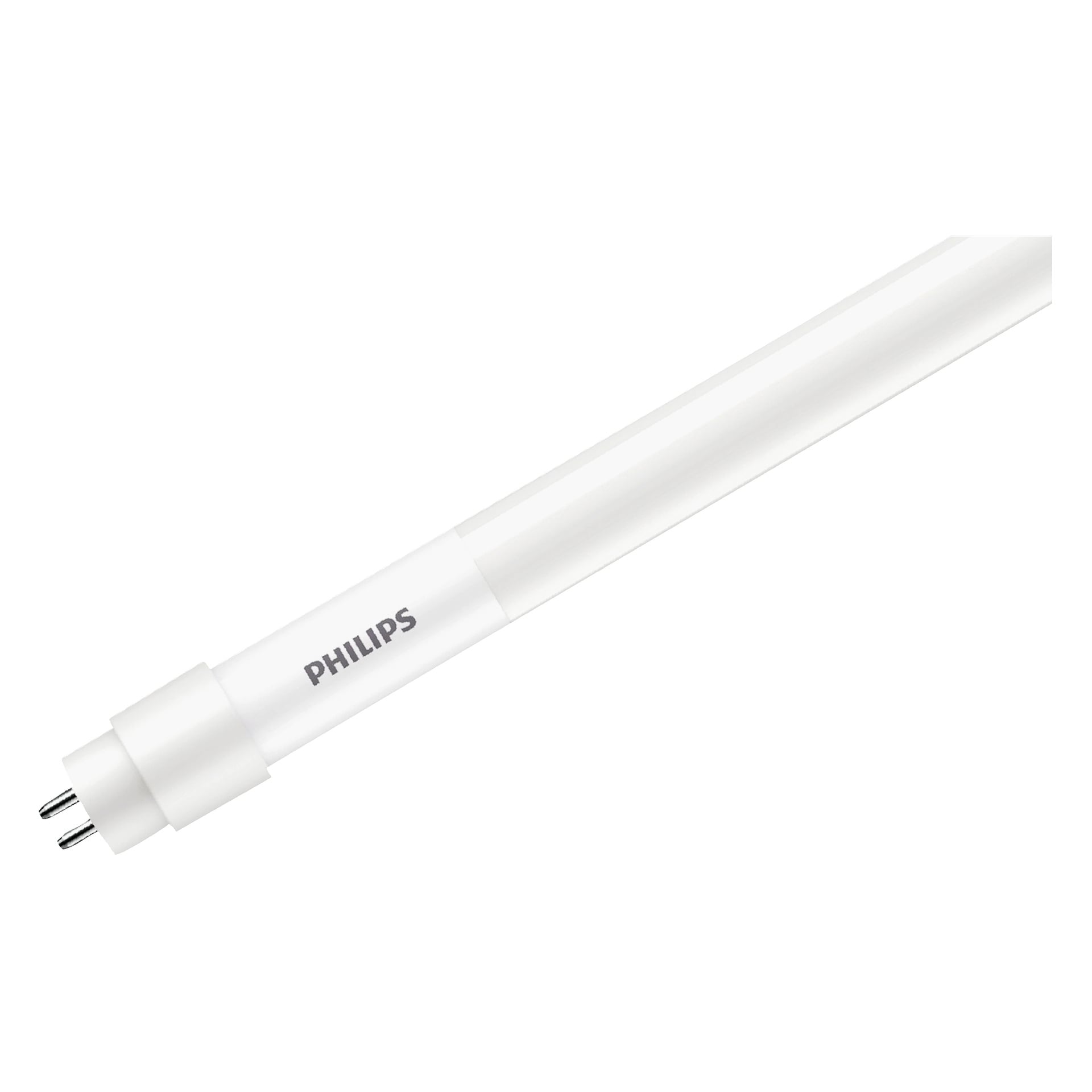 Ett Philips T5 LED-rör visas med två metallstift i ena änden och Philips-varumärket tryckt nära stiften.