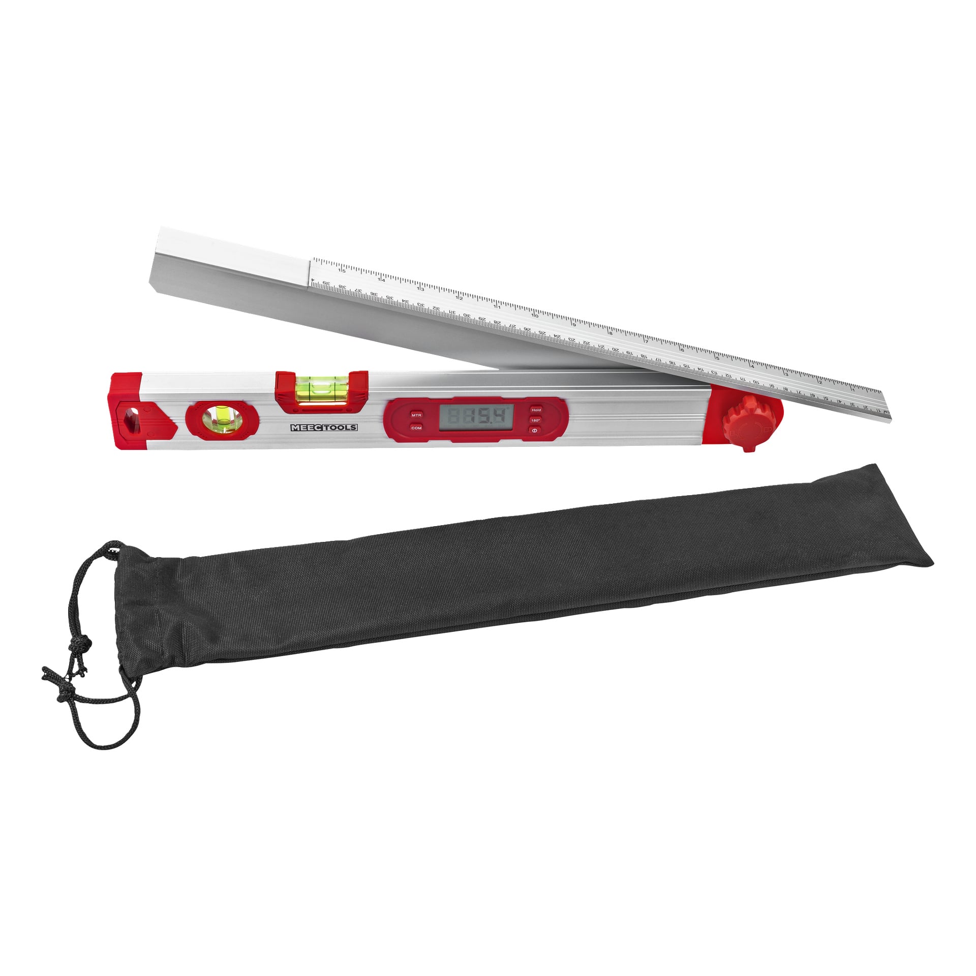 Meec Tools Digital Angle Gauge z poziomiką Spirit Level ma cyfrowy ekran, pochyloną linijkę, czerwone detale i czarną torbę na noszenie.