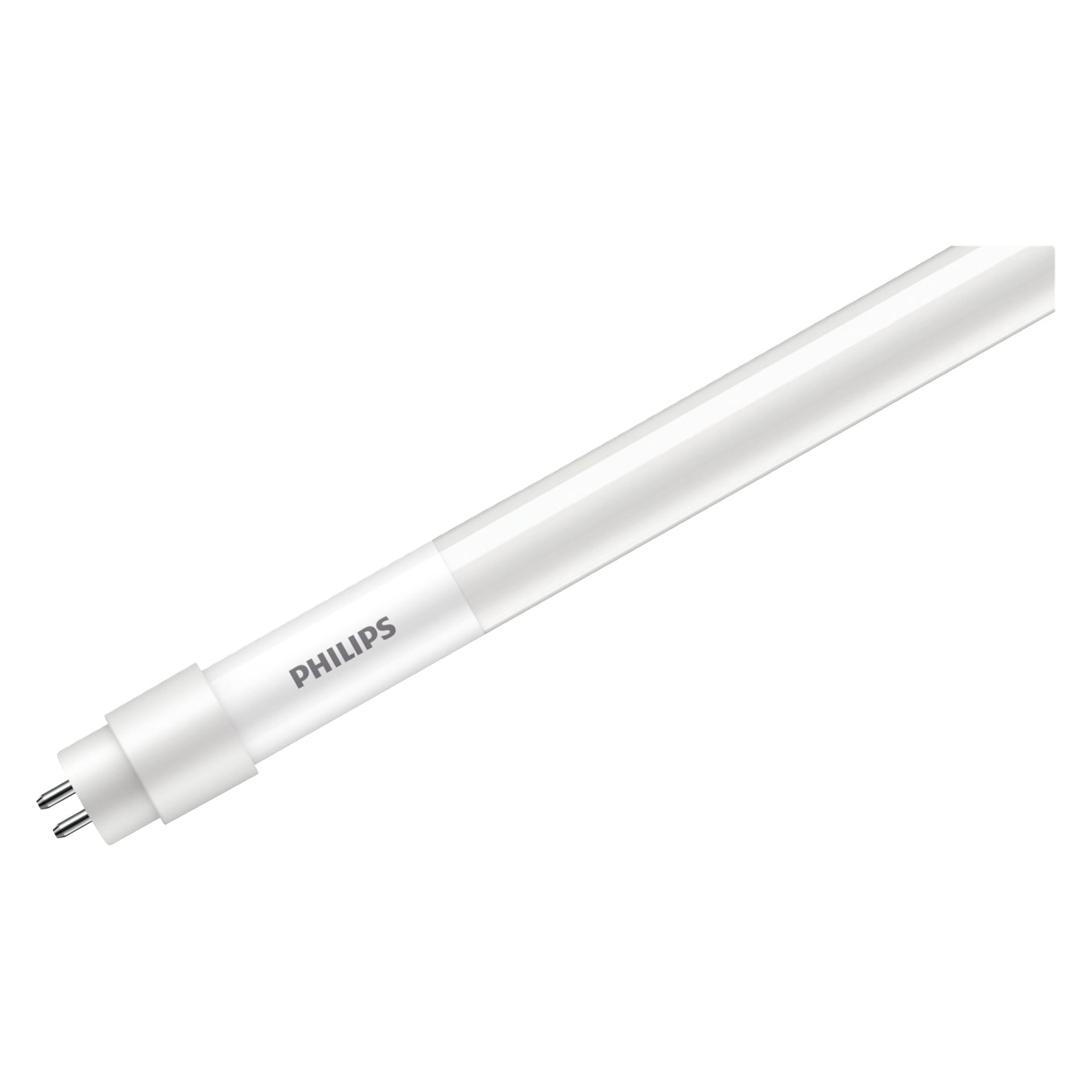 Zbliżenie białej lampy LED Philips Tube T5, z dwoma metalowymi pinami widocznymi na jednym końcu.