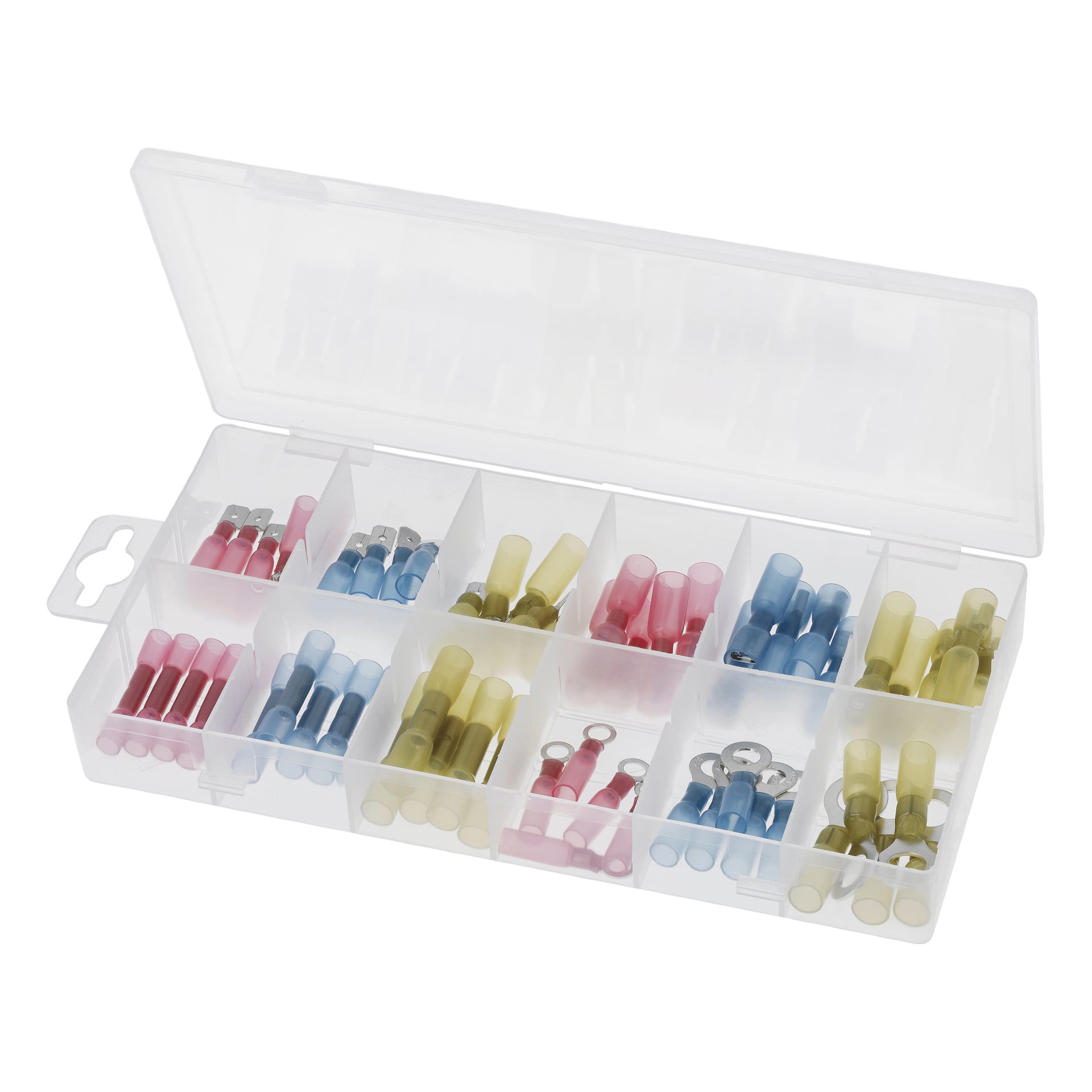 Hamron Shrink-Kabelverschlüsse mit 60 roten, blauen und gelben Steckern und Anschlüssen, die in einer klaren, abgetrennten Box sortiert sind.