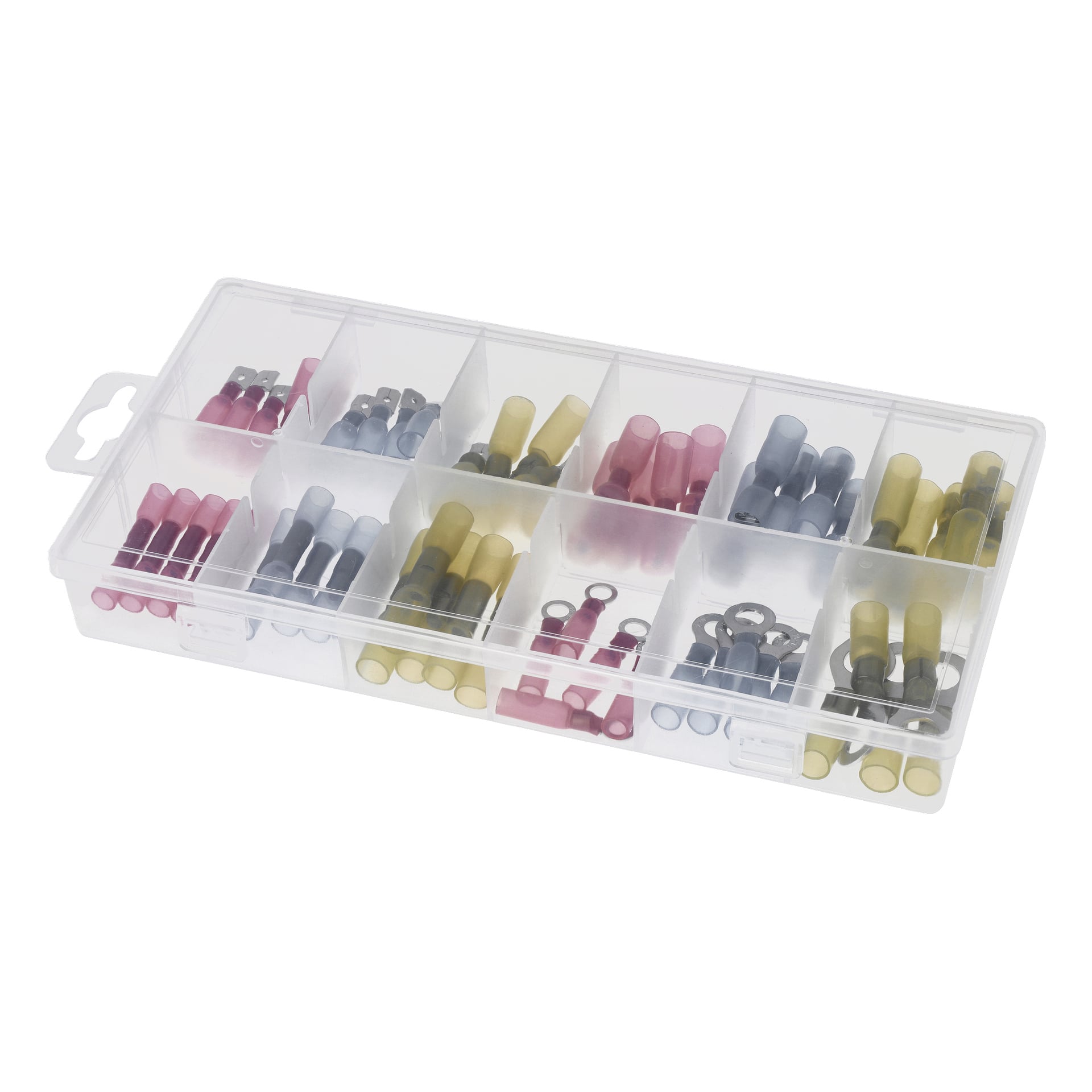 Hamron Shrink Cable Lugs mit 60 in einer durchsichtigen Organizerbox mit verschiedenen isolierten Steckverbindern und Ringanschlüssen.