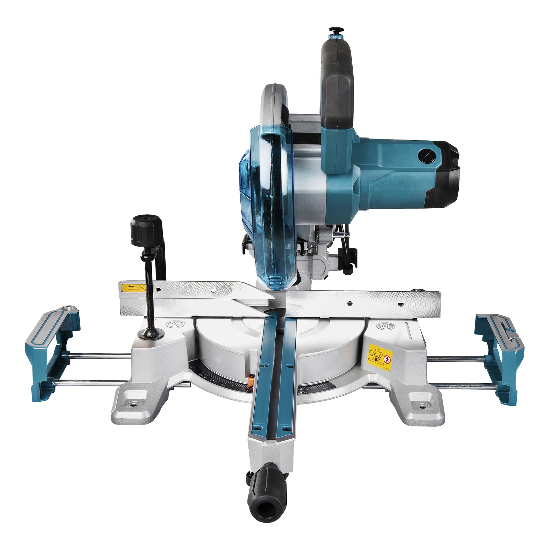Makita LS0816F Mitre-sagen har en blå og sølvfarget kropp, gjennomsiktig bladbeskytter og justerbart gjerde, vist forfra.
