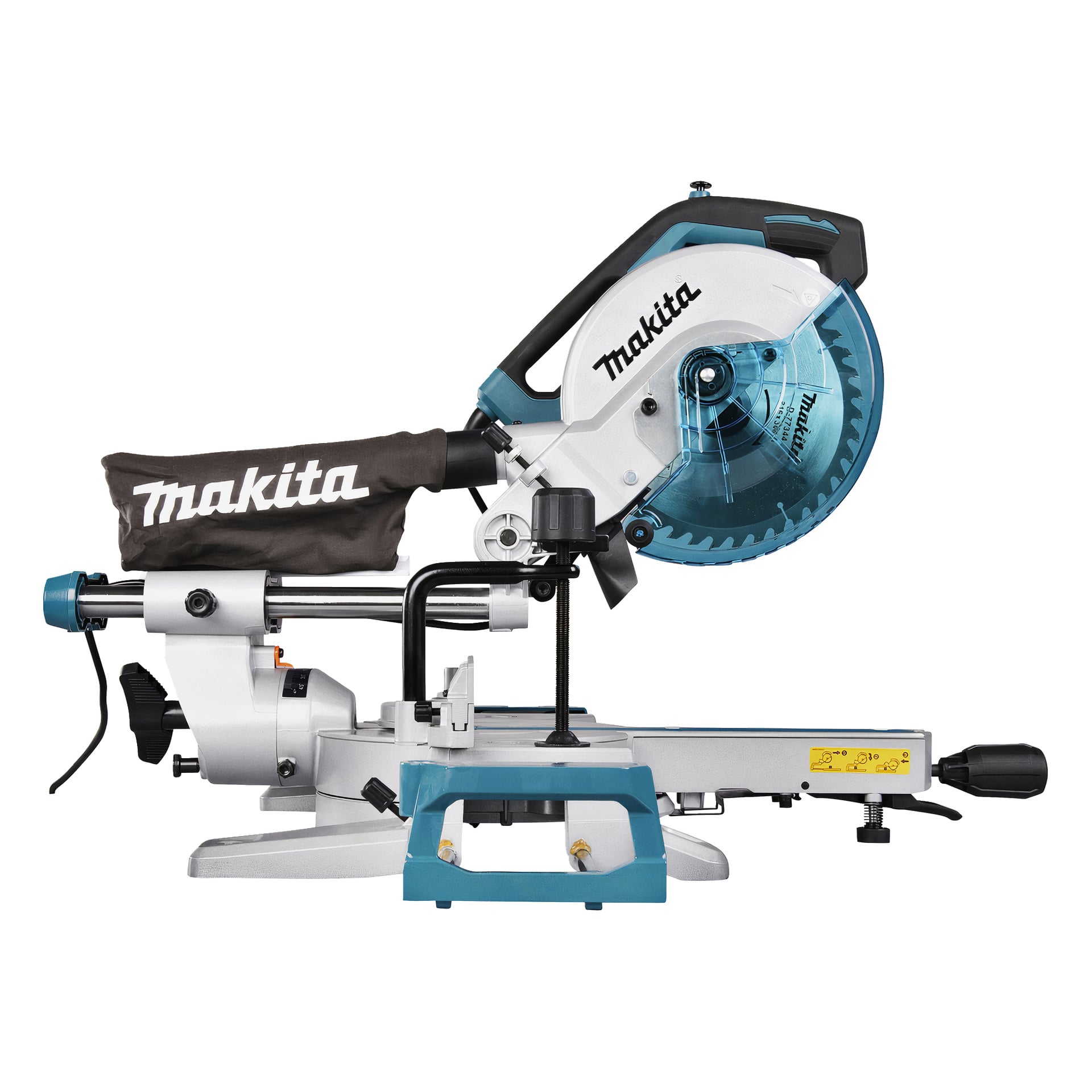 Makita Mitre Saw LS0816F med en blå og sølvfarget kropp, støvoppsamlingspose og sirkulært blad, sett fra siden.