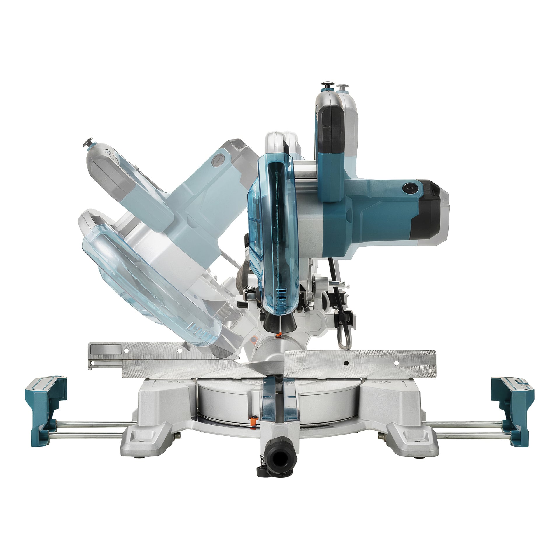 Frontbildet av Makita Gerningssag LS0816F med overlegg som fremhever justerbare vinkler og glidende arm for nøyaktige vinklede kutt.