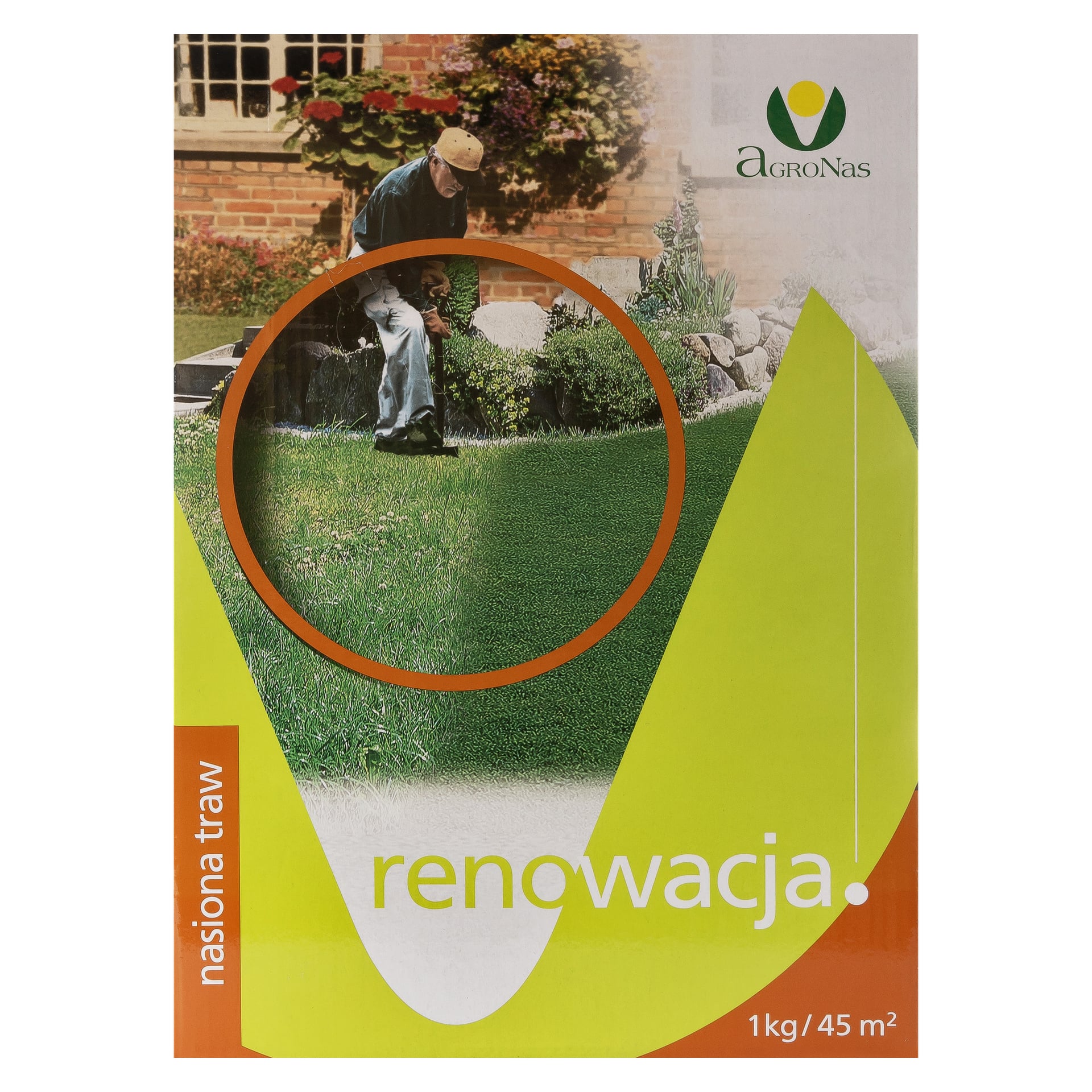 Pakiet nasion traw Agronas przedstawia człowieka na żywej trawie, wyrazistej "renowacji", 1 kg pokrywa 45 m², w kolorach pomarańczowym, zielonym i białym.