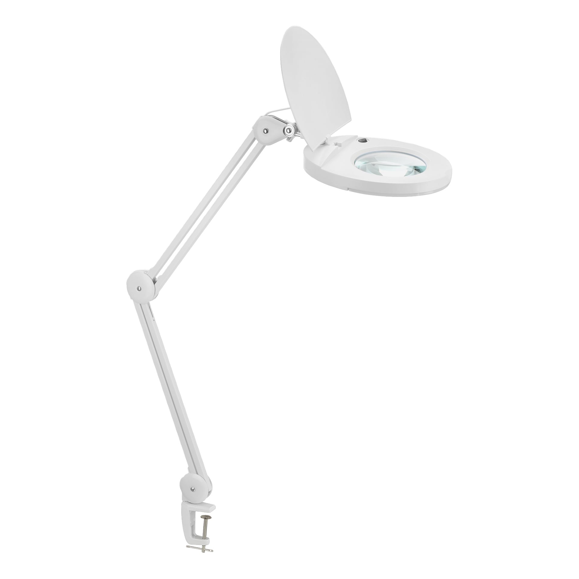 Anslut Work Lamp har en justerbar vit kropp, en cirkulär skärm och en klämbas som enkelt kan fästas på skrivbord eller bord.