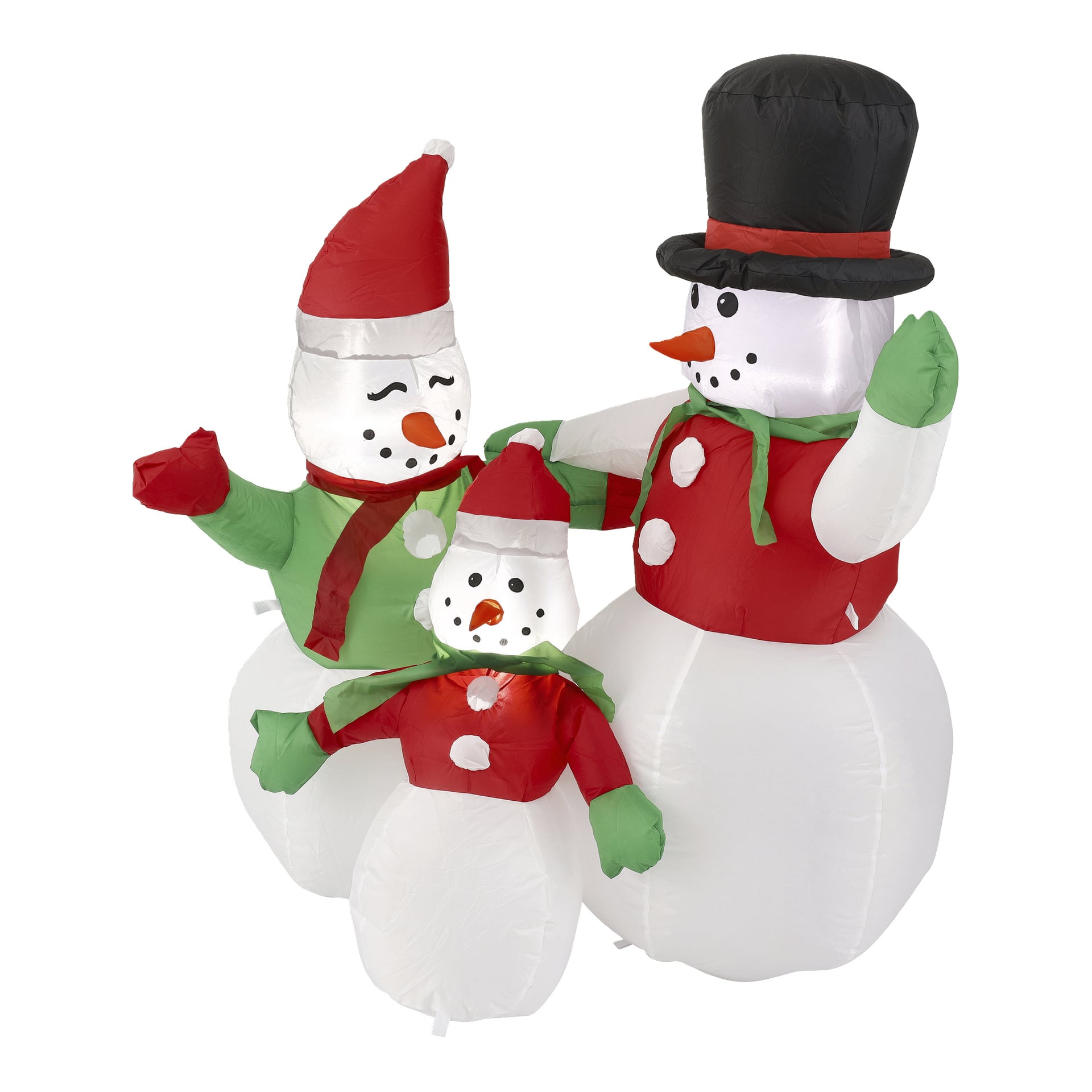 EKVIP Inflatable Snowman Family med LED-lampor inkluderar två stora och en liten snögubbe i festliga röda och gröna dräkter.