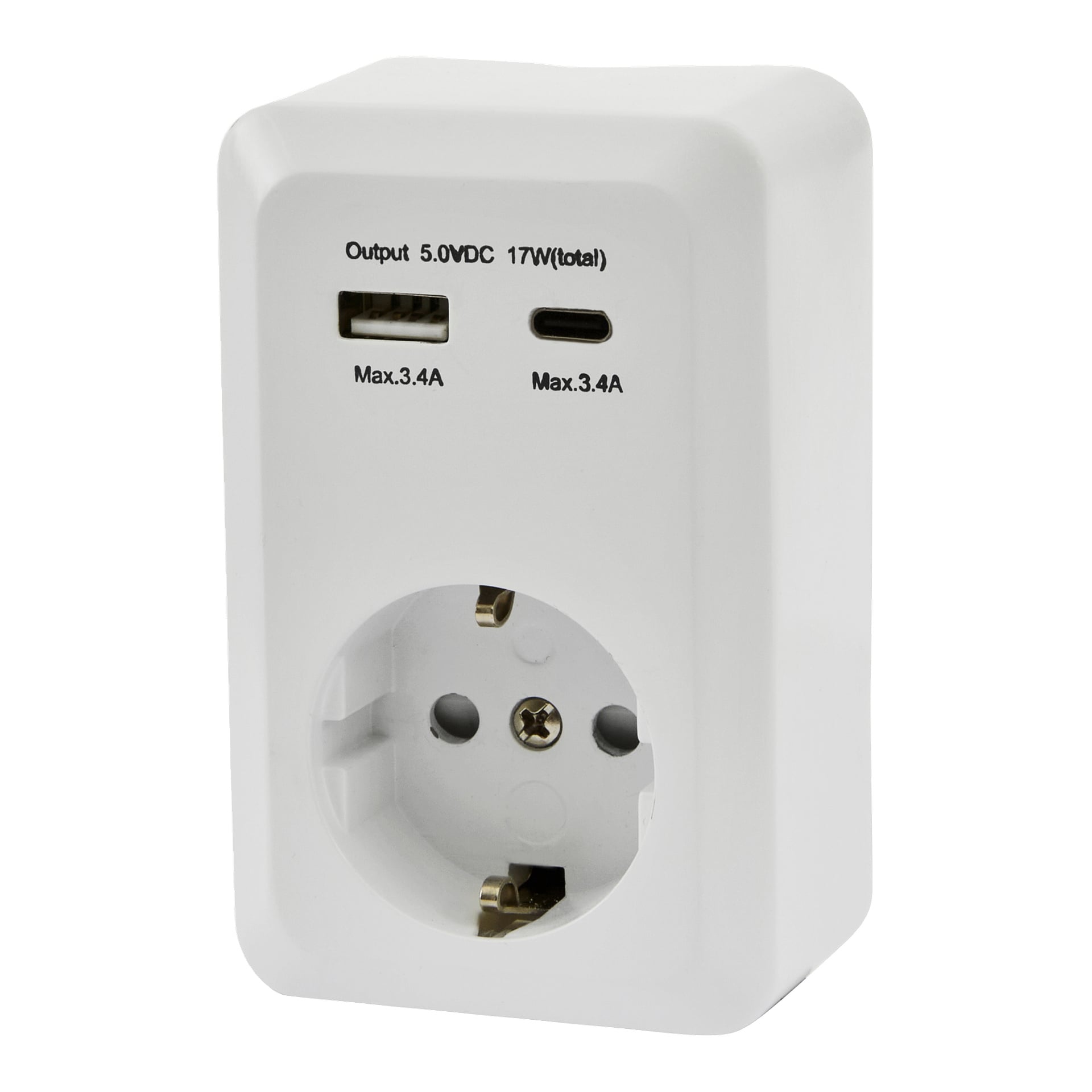 Anslut-pistorasia USB:llä sisältää valkoisen EU-adapterin, yhden USB-A- ja yhden USB-C-portin; molemmat tarjoavat jopa 3,4 A, yhteensä 17W 5V:lla.