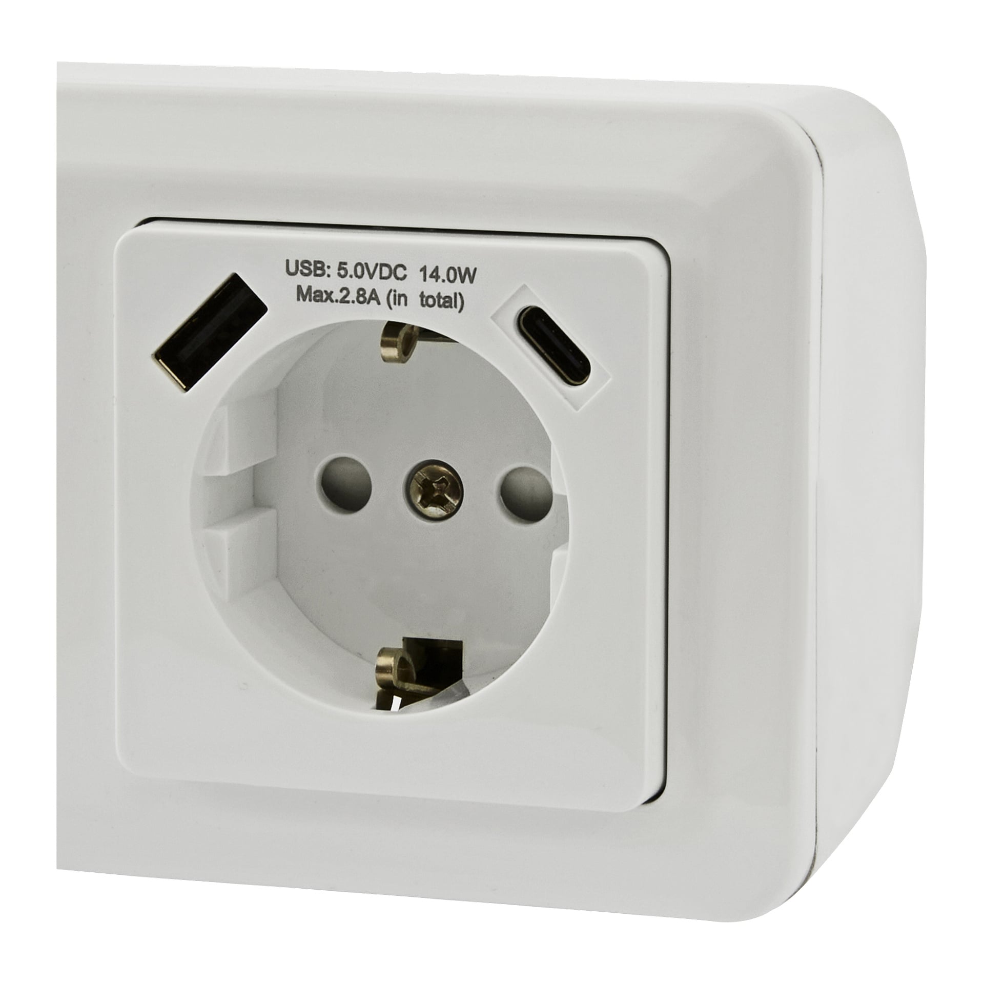 Anslut Wall Socket kulmiin on valkoinen pistorasia, jossa on kaksi USB-porttia (5,0VDC, maksimissaan 14W, yhteensä 2,8A), joka näkyy lähikuvassa.