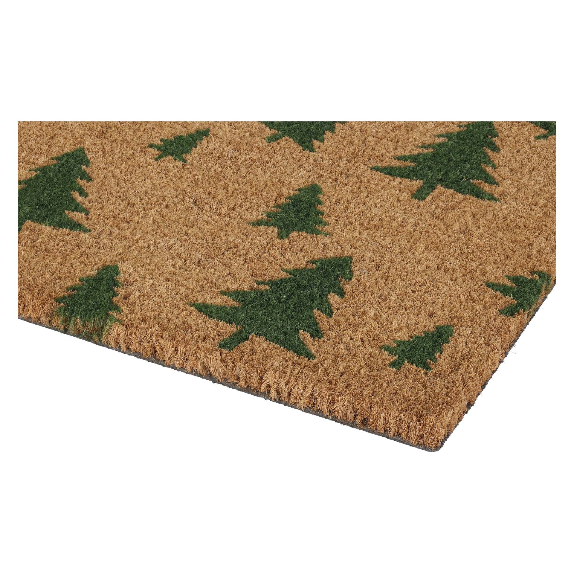 EKVIP Doormat visar en julgransdesign med gröna tallar på naturligt brunt kokosfiber och texturerade borst i kanterna.