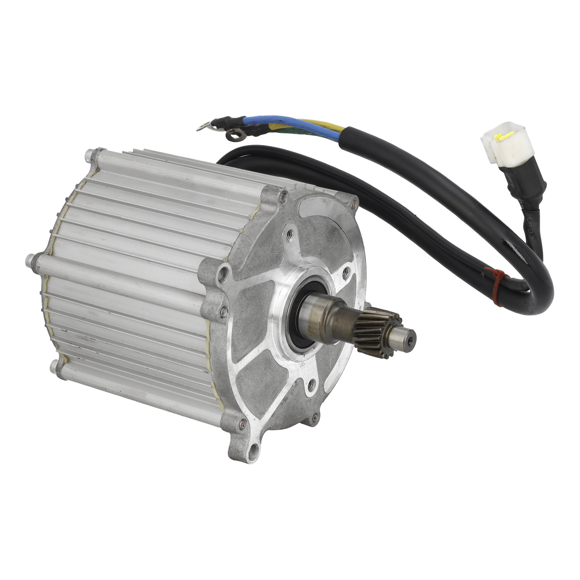 Sølv sylindrisk motor med haleformet aluminiumshus, sentral giraksel, og svarte, gule, blå ledninger som leder til hvit kontakt.