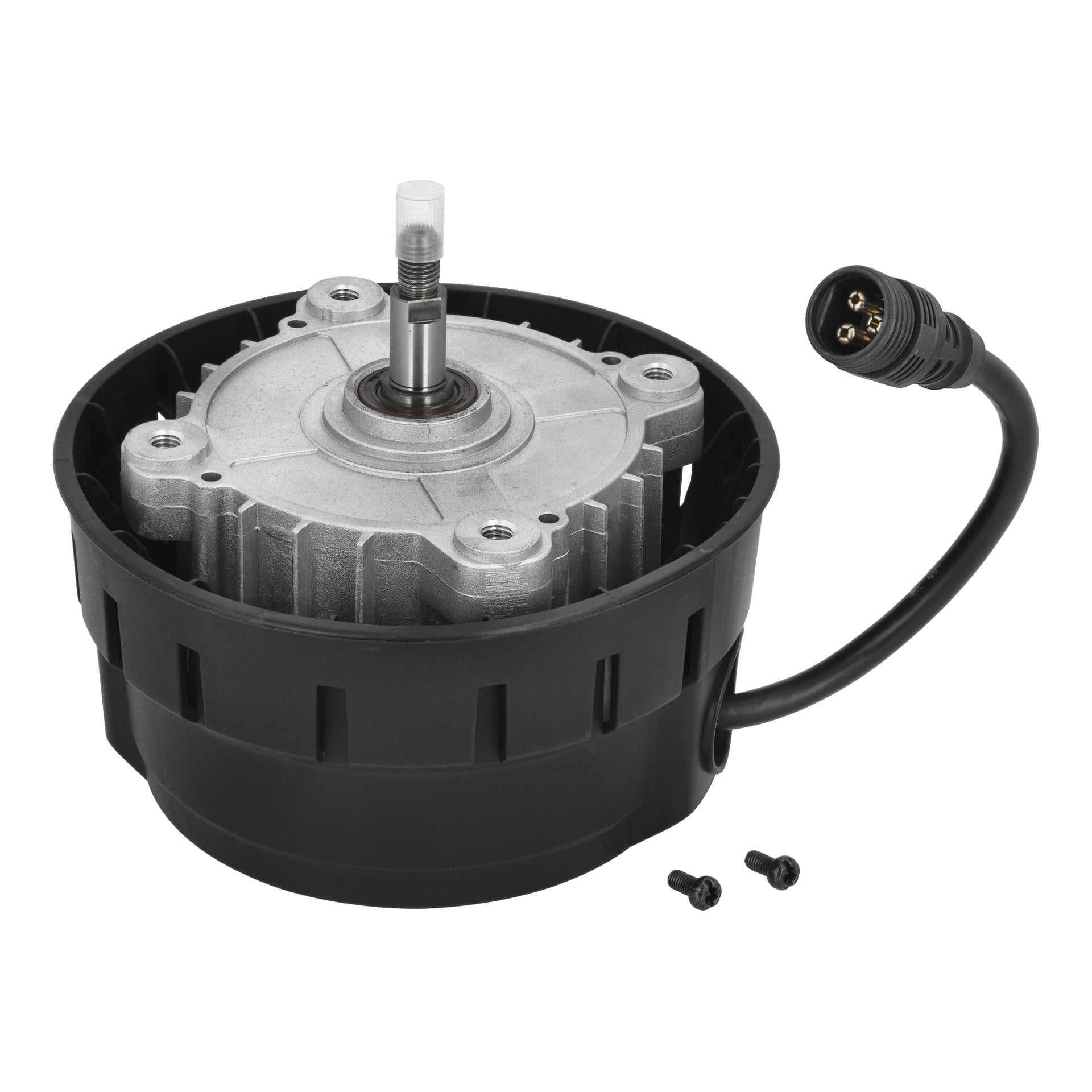 Cylindrisk gräsklipparmotor med metallaxel, svart foderhölje, strömkabel med trepolig kontakt och två små skruvar i närheten.