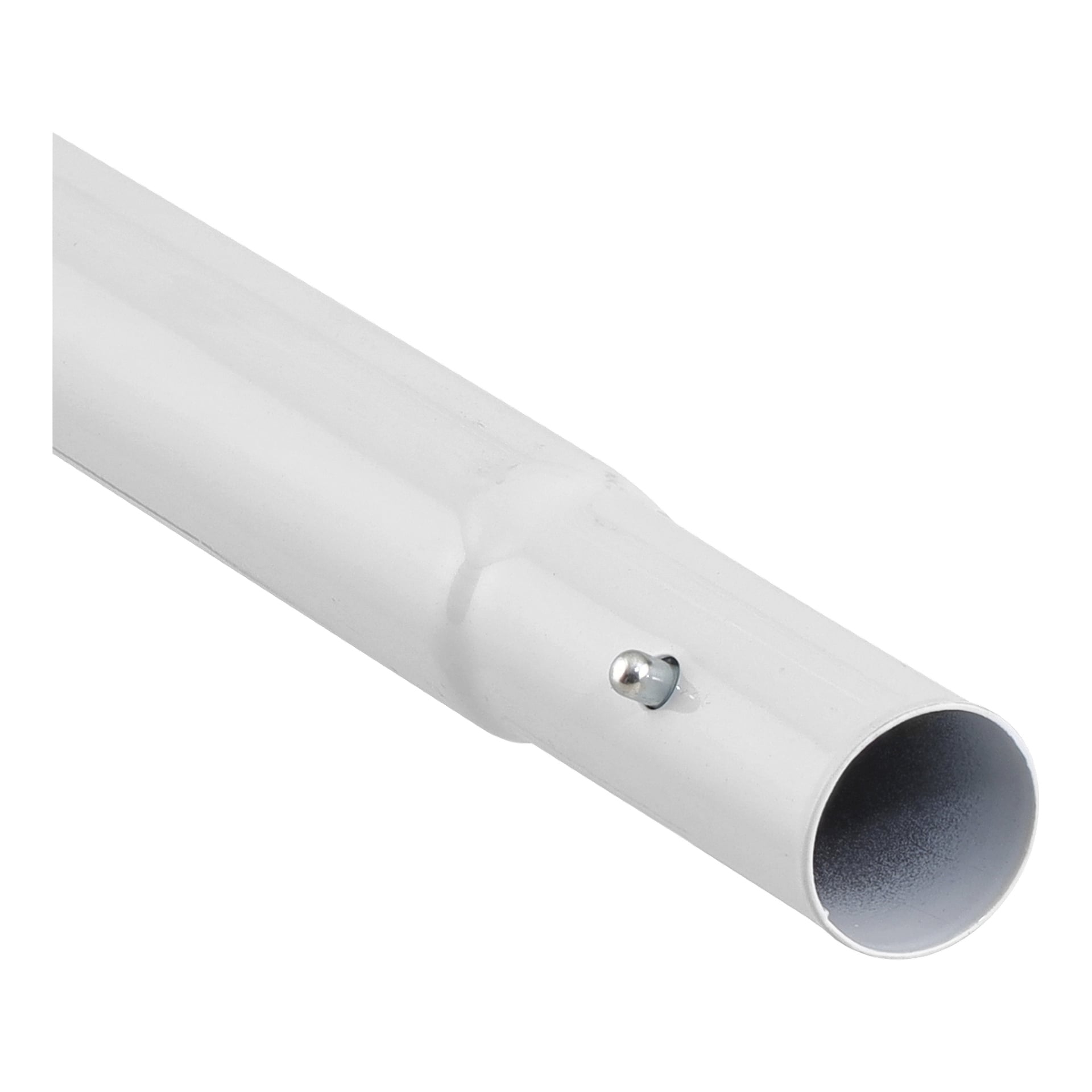Närbild av Tube 2:s lyxpaviljong med ett slankt vitt metallrör, rundad spets och fjäderbelastad låsknapp nära slutet.