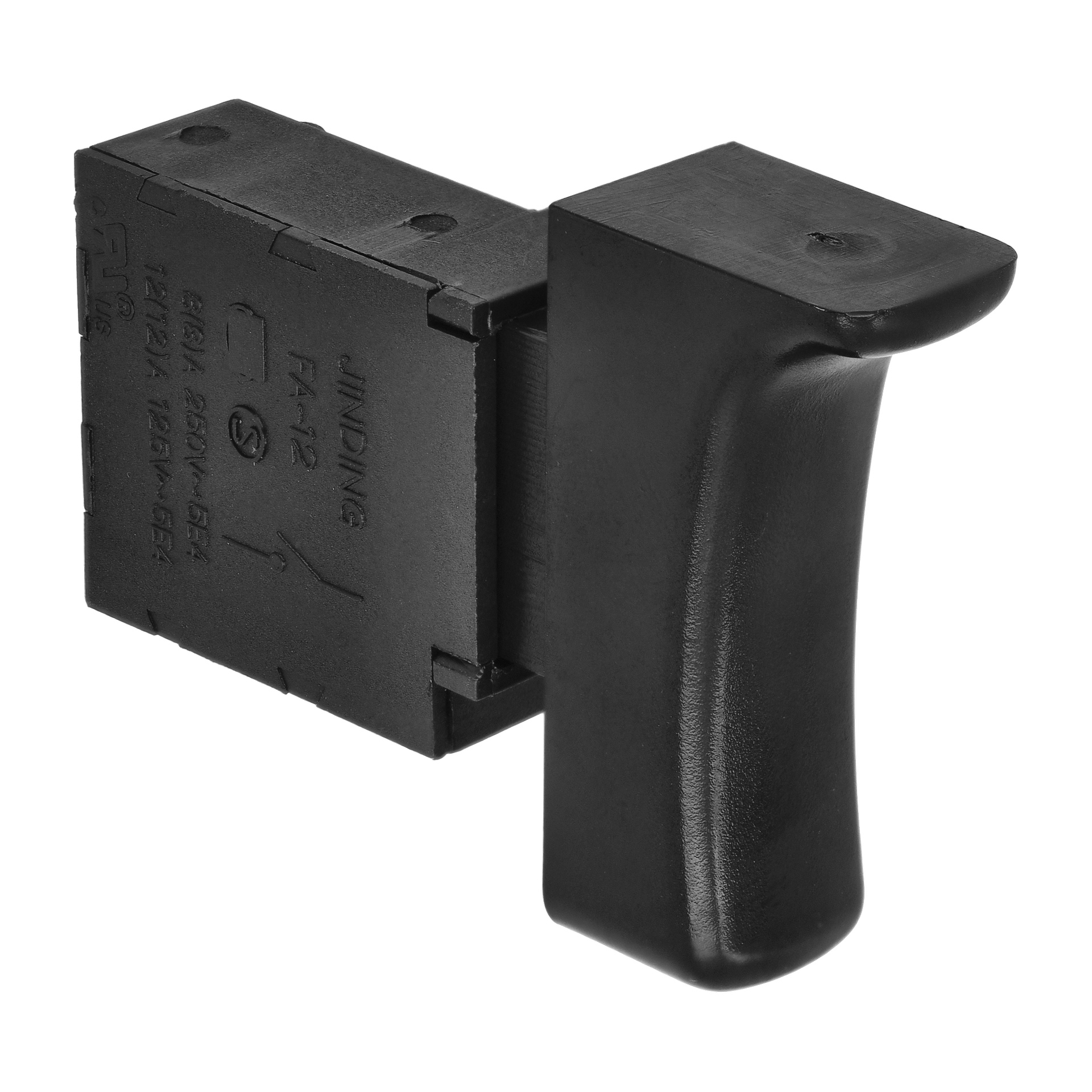 Switch Tiger Saw är en roterande kambrytare gjord av svart plast och metall, med rektangulär bas och ett spakhandtag.