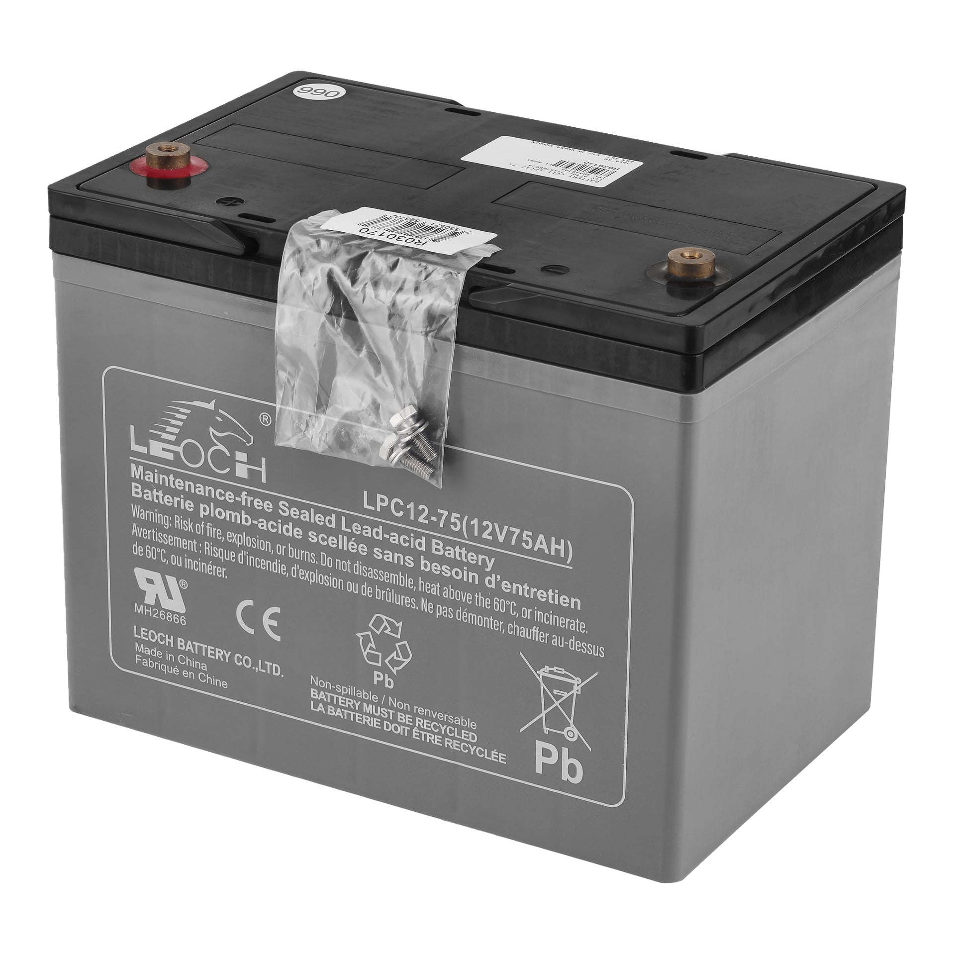 Rektangulärt åk-på-gräsklipparbatteri "Leoch LPC12-75 (12V 75AH)" med svart/grått hölje, topppoler, skruvar i påse, specifikationer utskrivna.