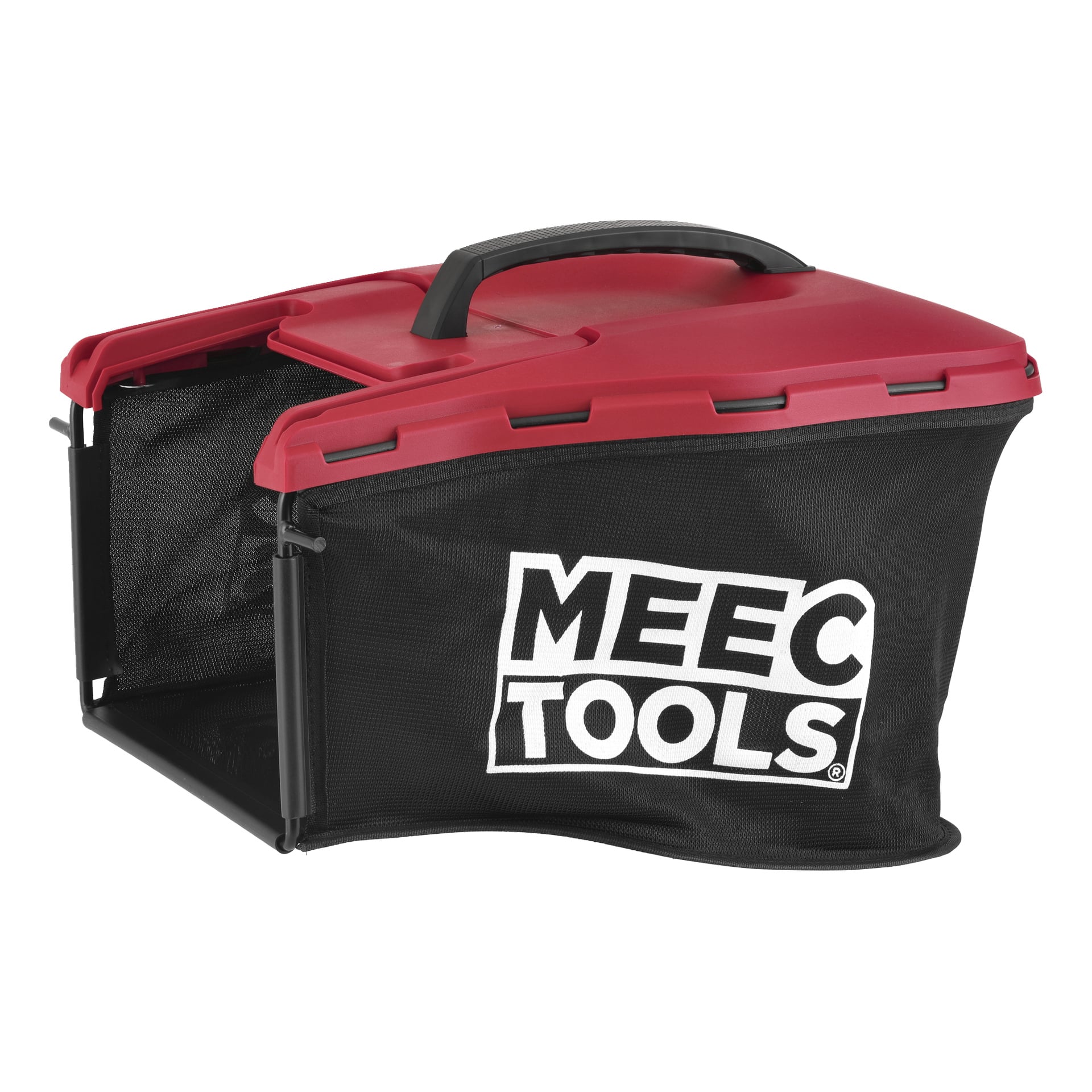 En svart och röd gräsklippare i plast och mesh med ett topphandtag, MEEC TOOLS-logga på sidan och en öppen ände.