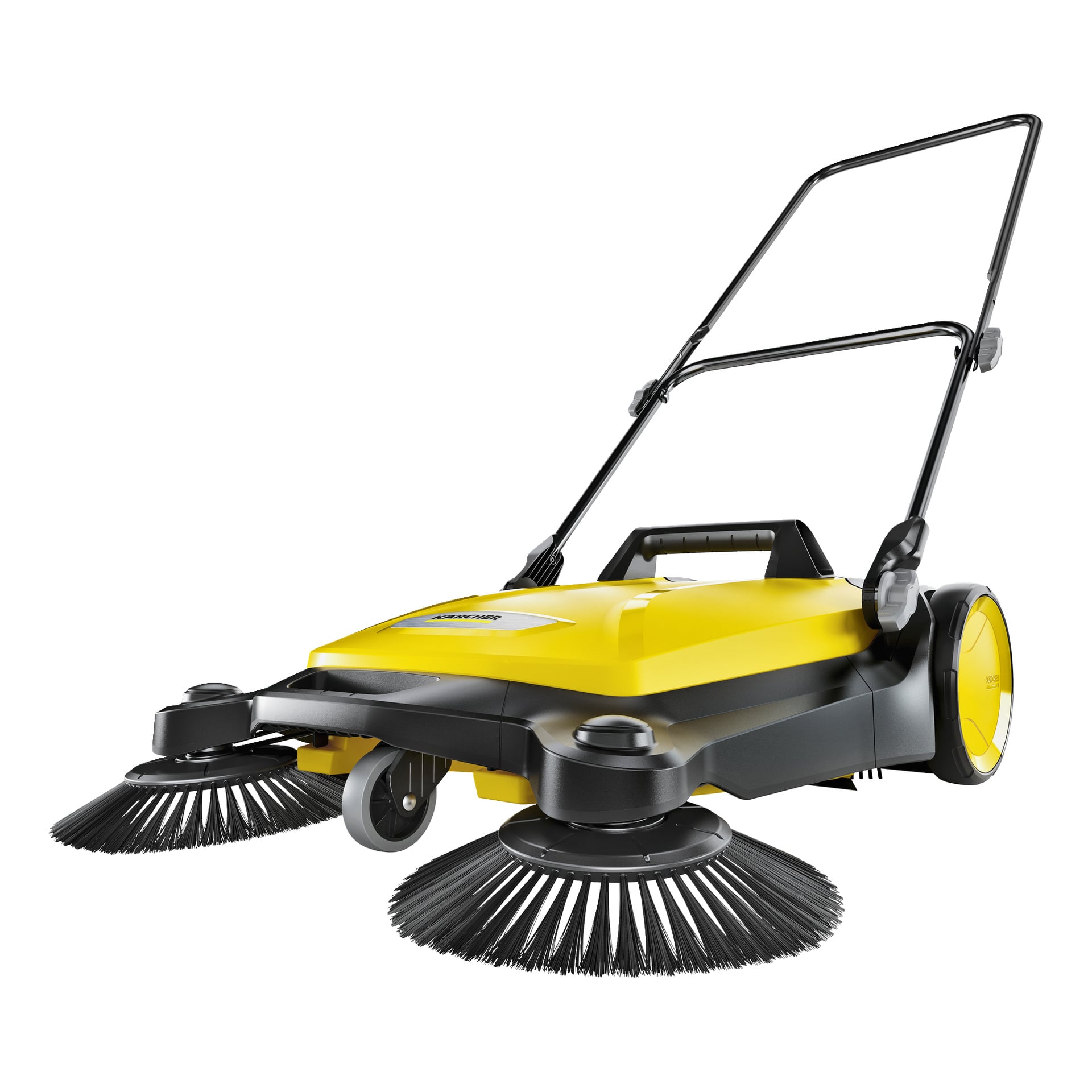 Kärcher S4 Twin er en gul og svart manuell sweeper med doble frontbørster, skyvehåndtak og store bakhjul.