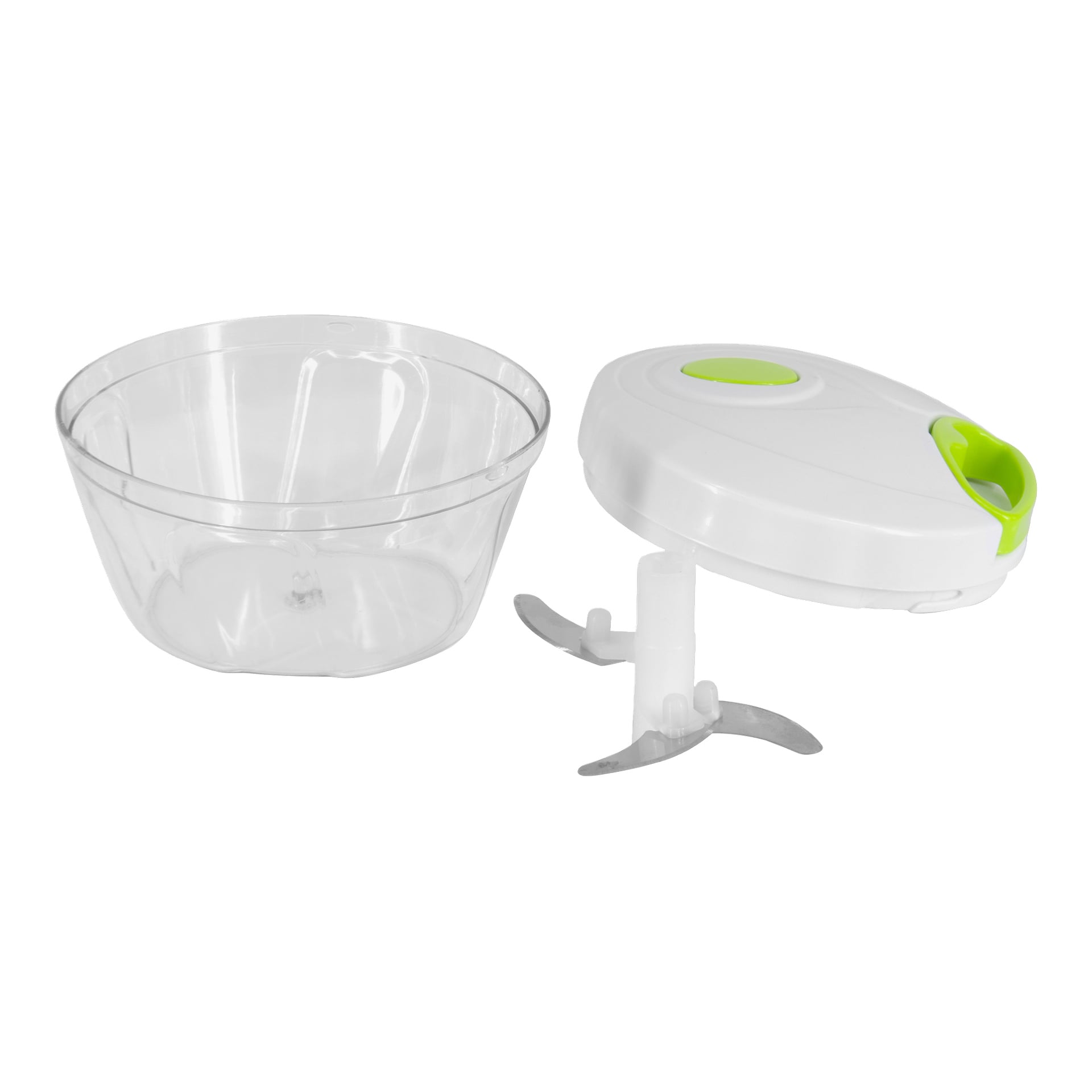Menuett Vegetable Chopper ma przezroczystą miskę, biało-zieloną pokrywkę oraz zdejmowane metalowe ostrze z plastikowym środkiem, co ułatwia ręczne krojenie.